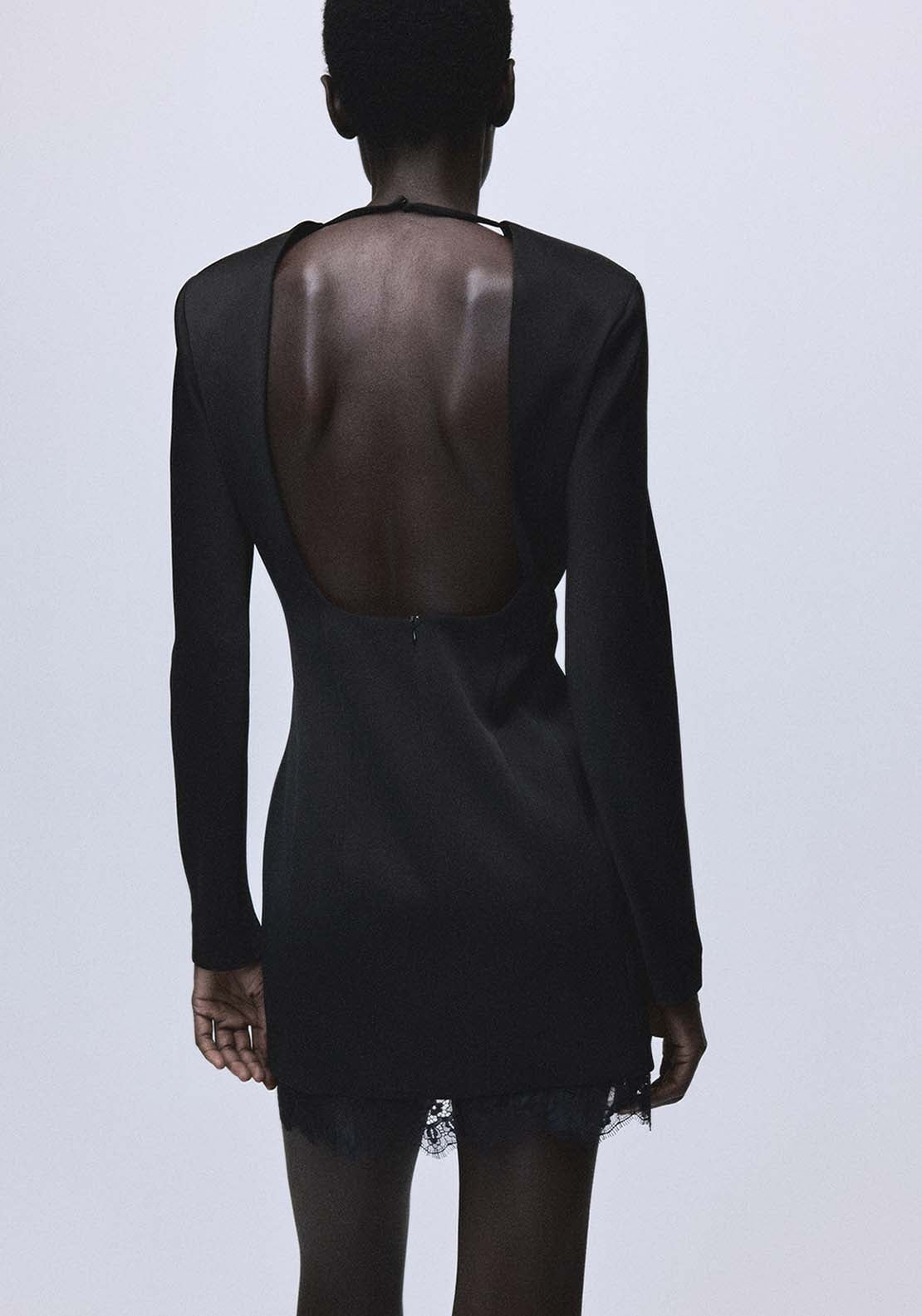 Open Back Dress With Lace Trim Hem - Black
