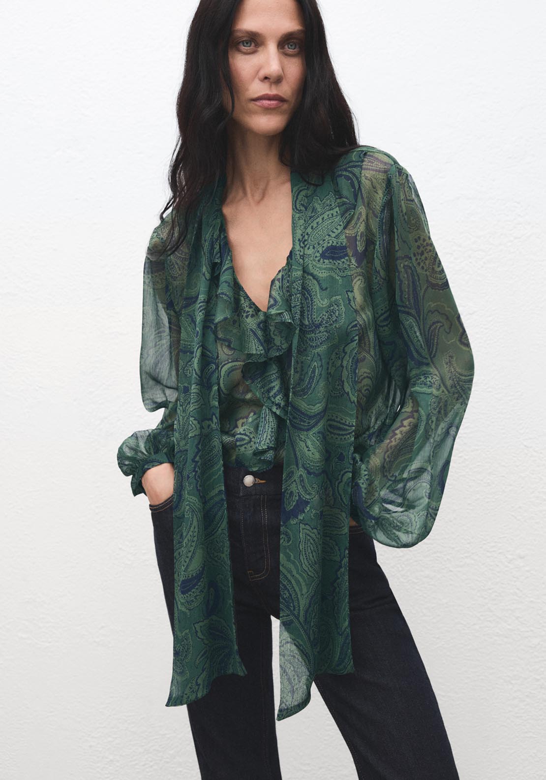 Mango Paisley Print Blouse With Foulard - Green 1 Shaws Department Stores