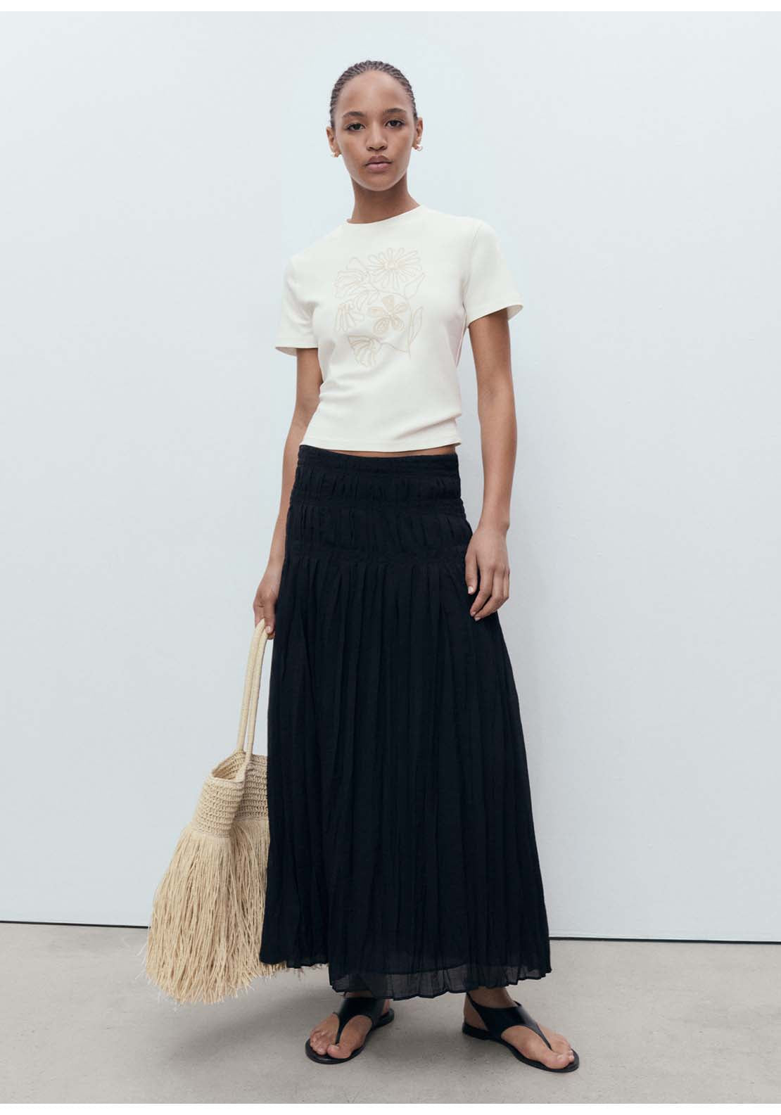 Floral Embroidered Cotton T-Shirt - Cream