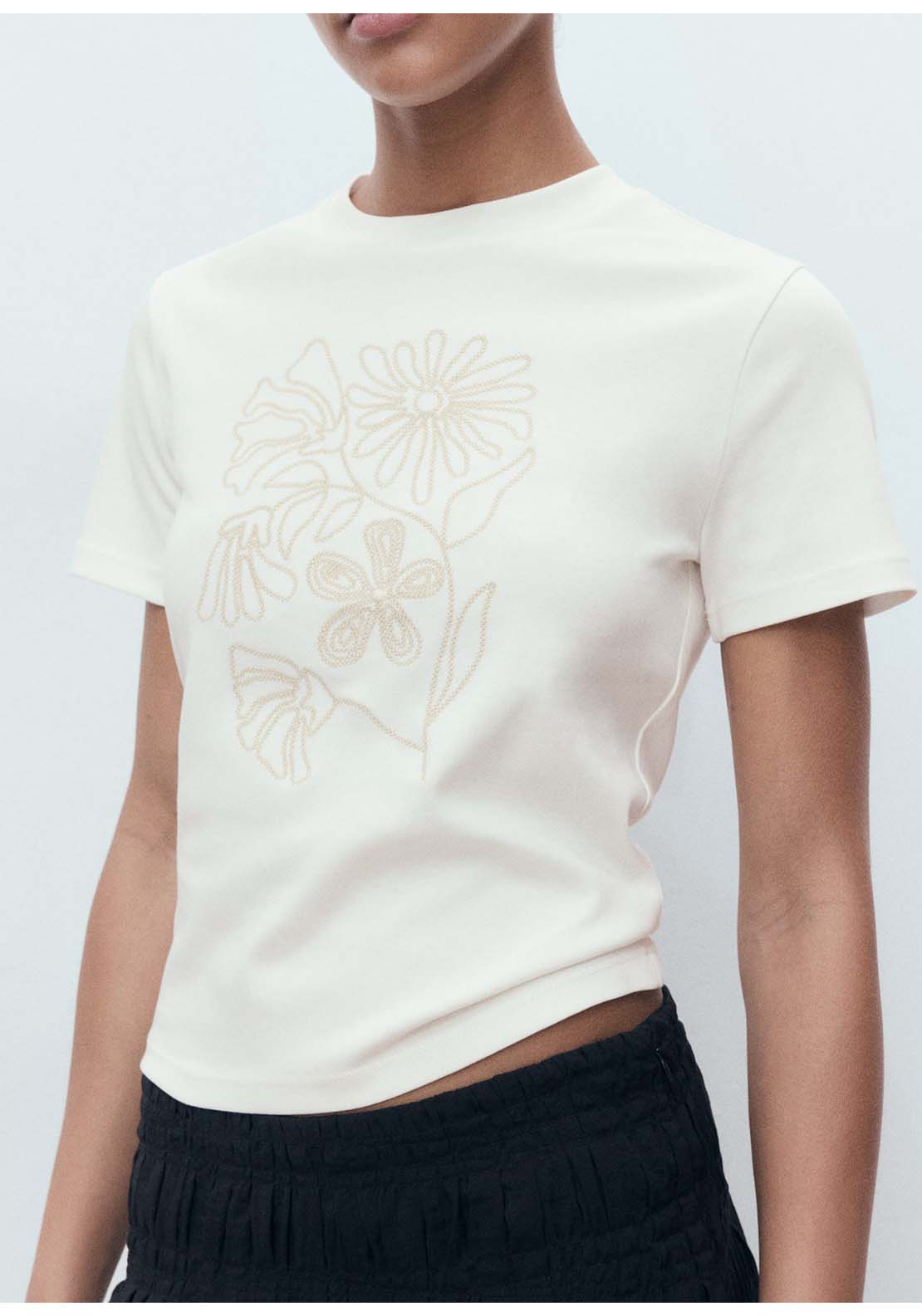 Floral Embroidered Cotton T-Shirt - Cream
