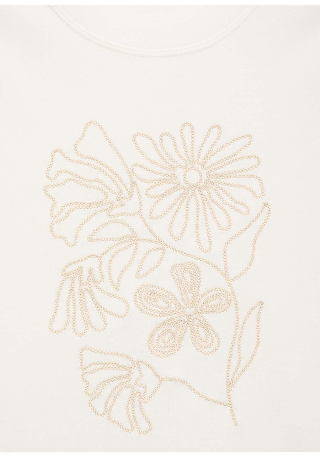 Floral Embroidered Cotton T-Shirt - Cream