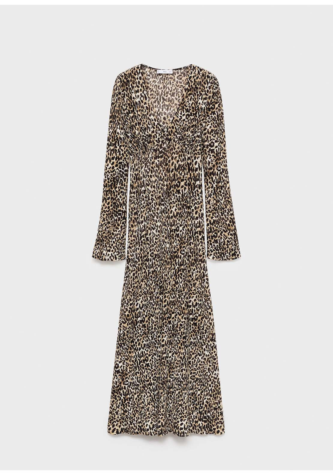 Printed V-Neck Dress - Black