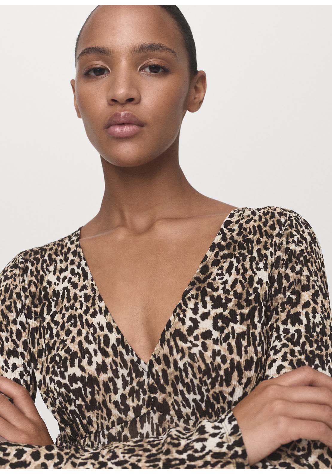 Printed V-Neck Dress - Black