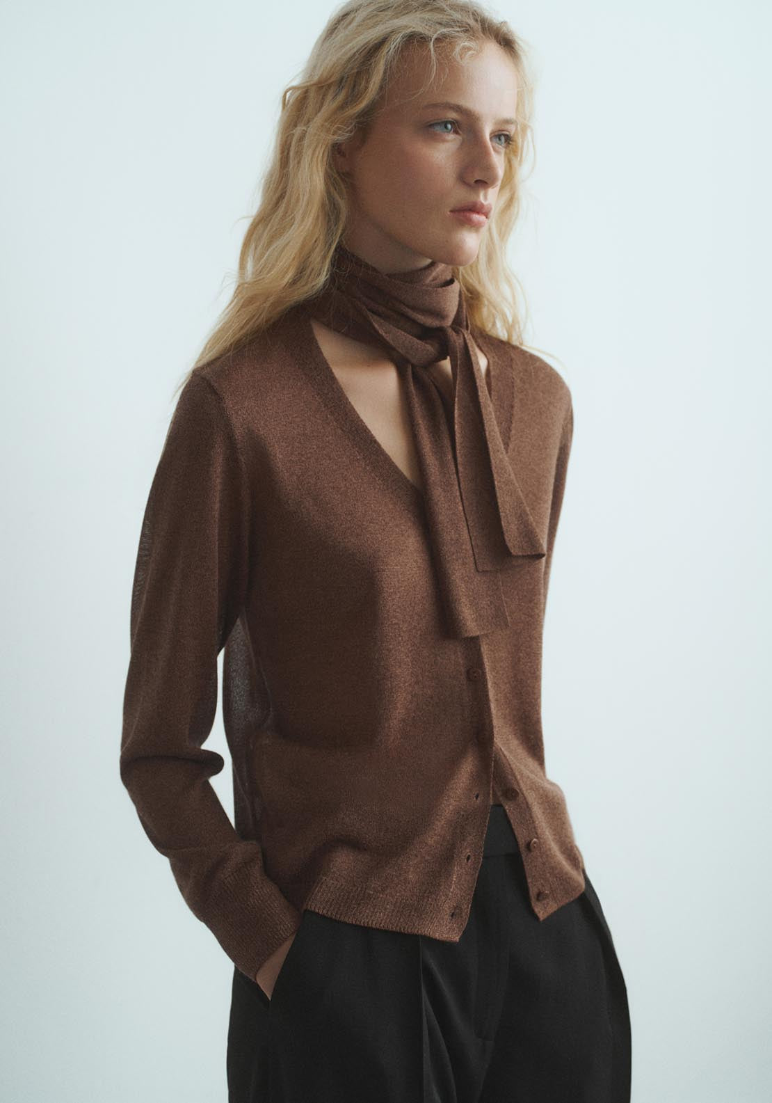 Mango Fine Knit Cardigan With Foulard - Brown 1 Shaws Department Stores