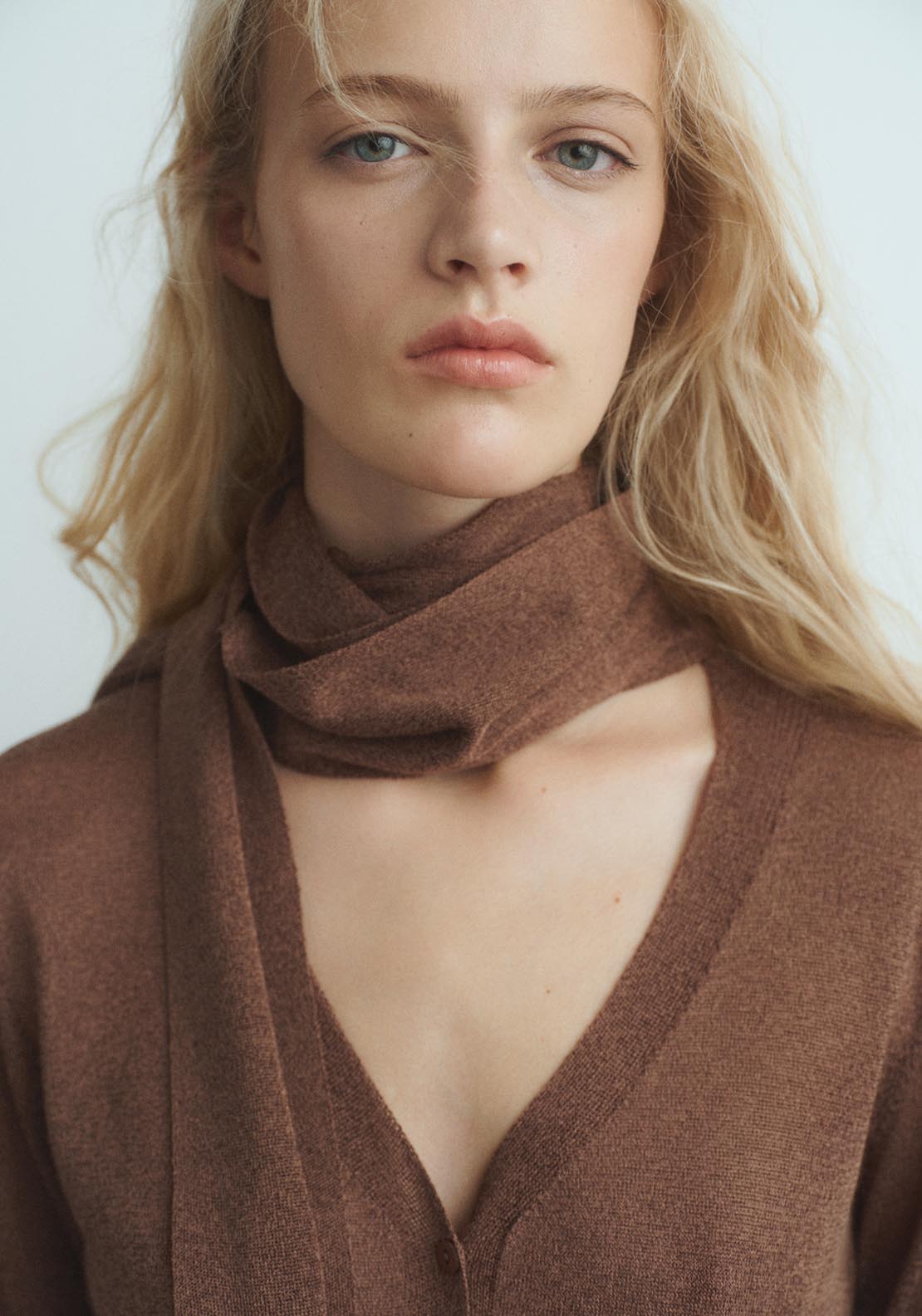 Mango Fine Knit Cardigan With Foulard - Brown 3 Shaws Department Stores