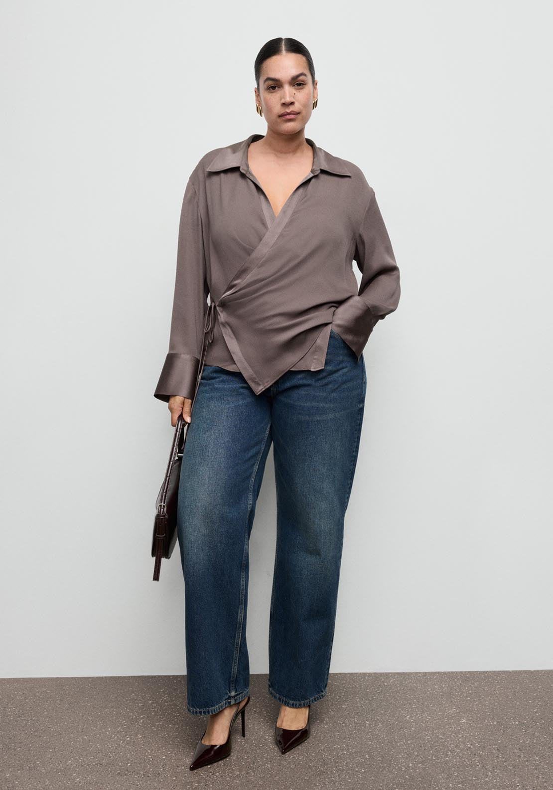 Mango Cross Over Satin Blouse - Brown 5 Shaws Department Stores