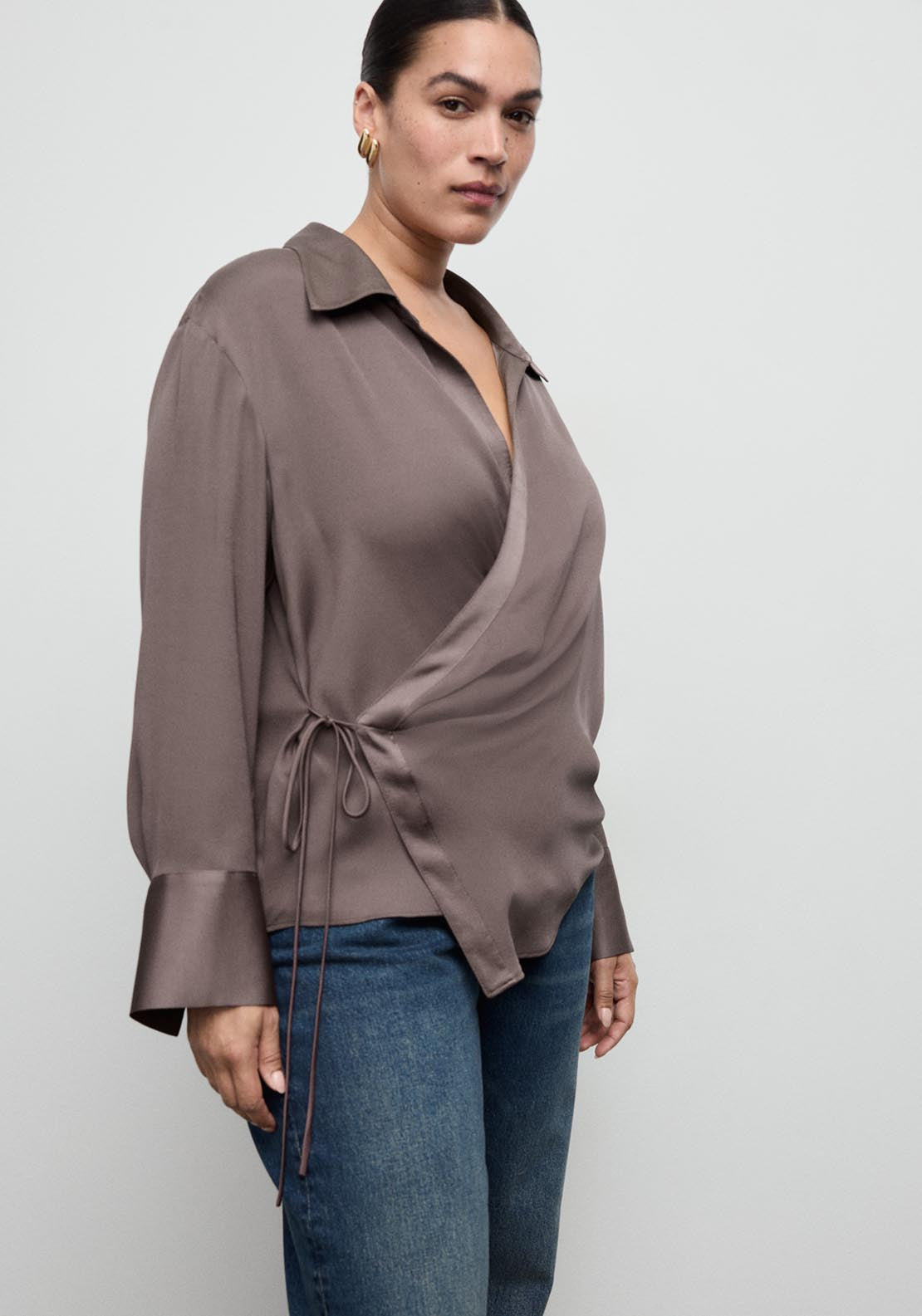 Mango Cross Over Satin Blouse - Brown 6 Shaws Department Stores