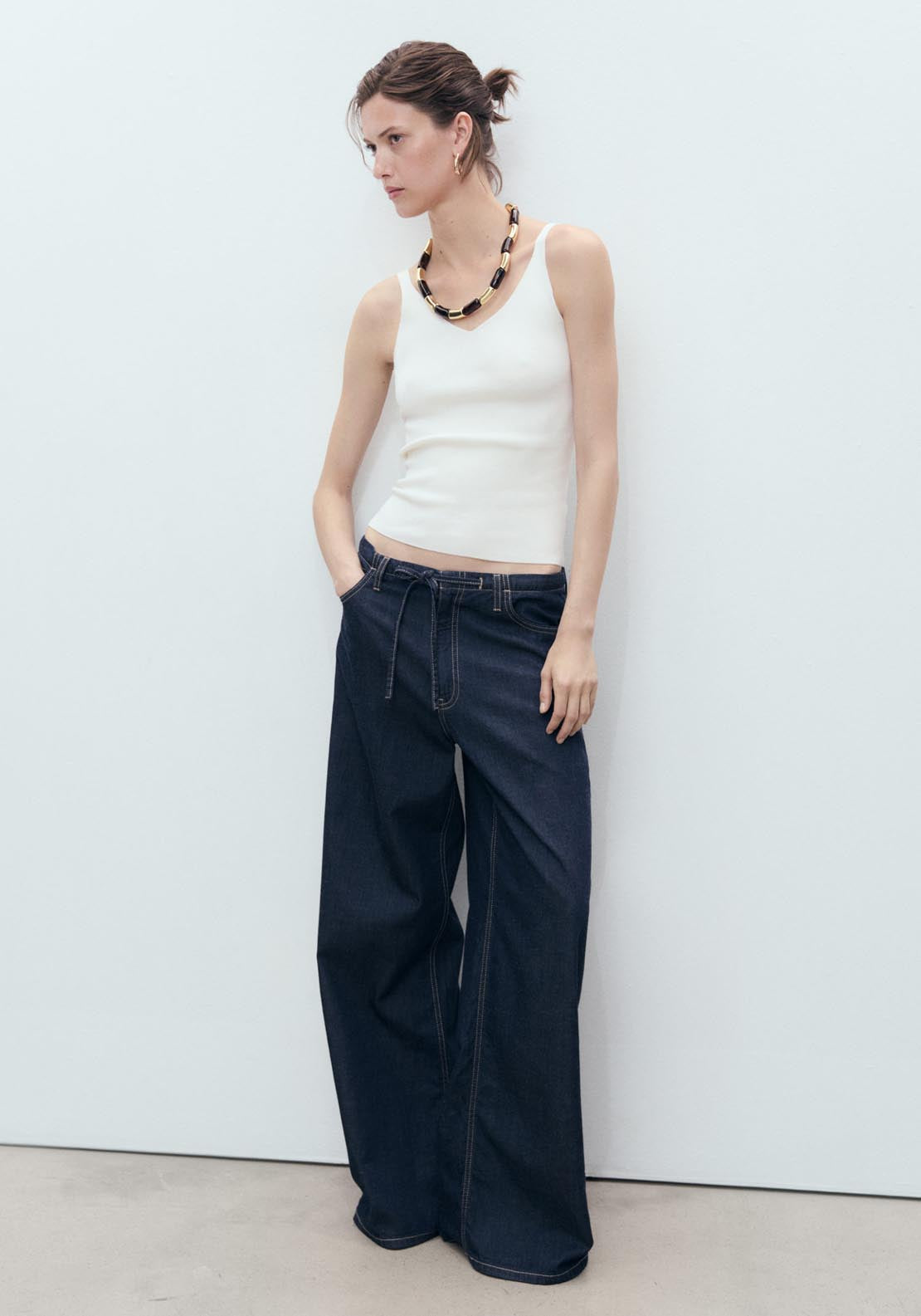 Mango V Neck Knitted Top - Light Beige 1 Shaws Department Stores