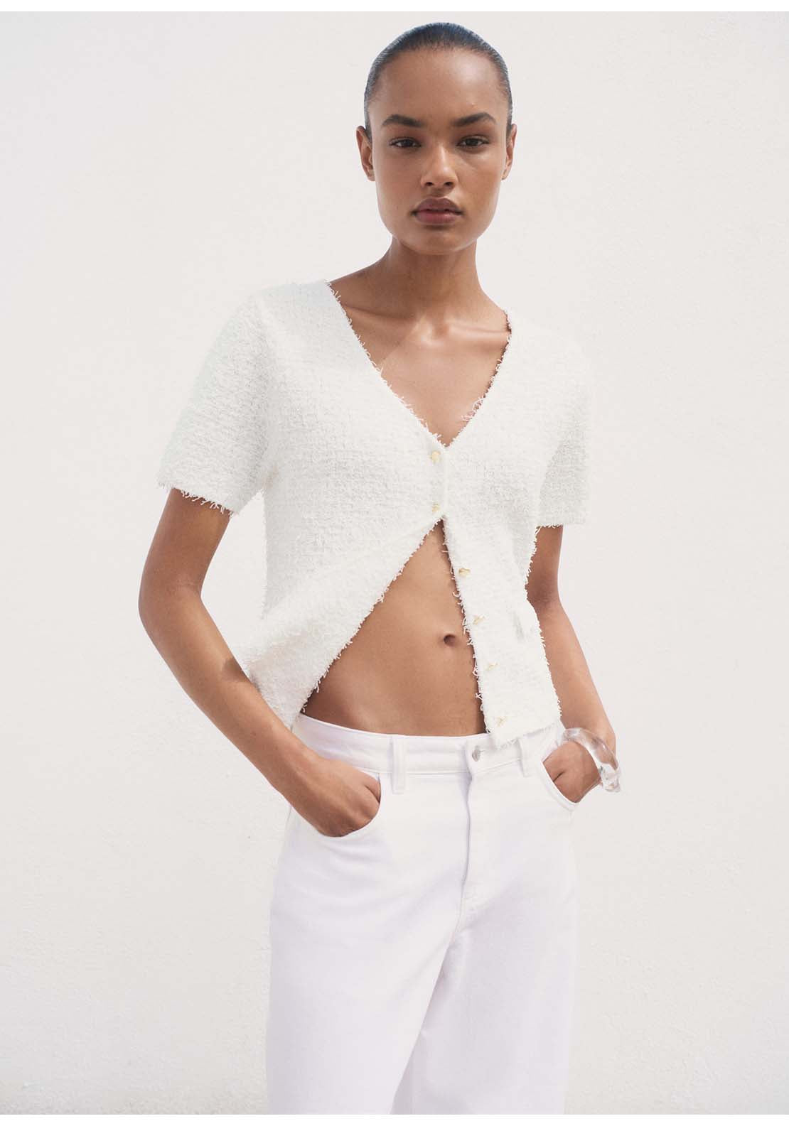 Short Sleeved Bouclé Cardigan - White