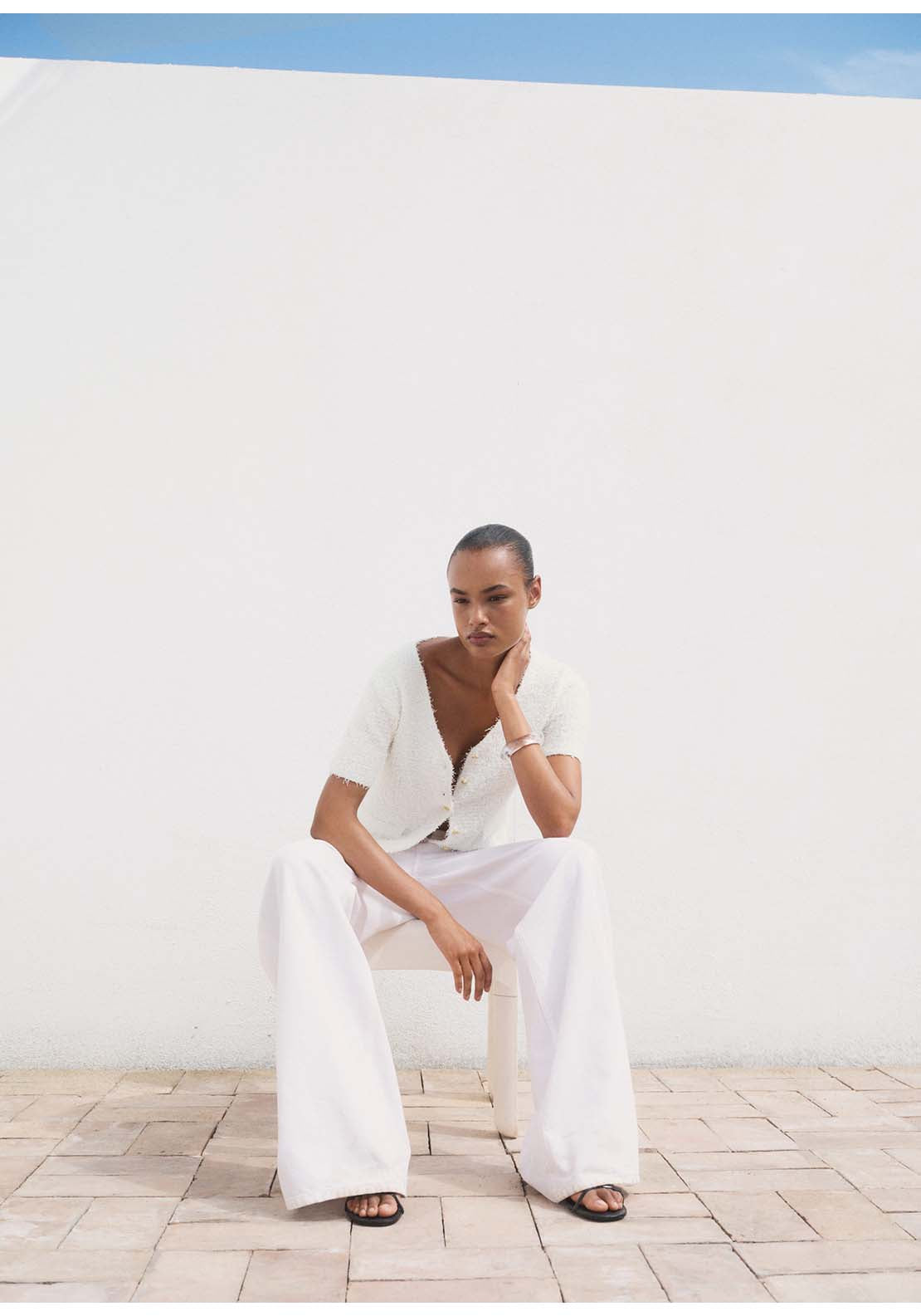 Short Sleeved Bouclé Cardigan - White