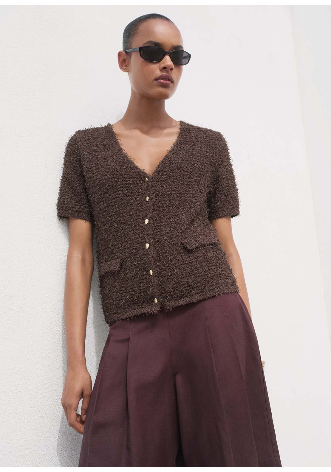 Short Sleeved Bouclé Cardigan - Brown