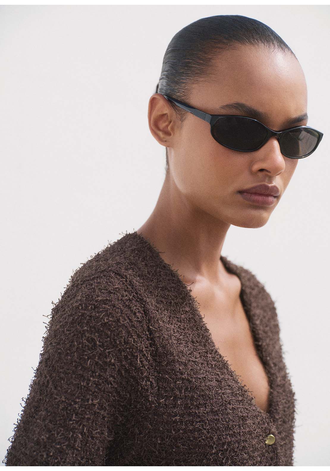 Short Sleeved Bouclé Cardigan - Brown