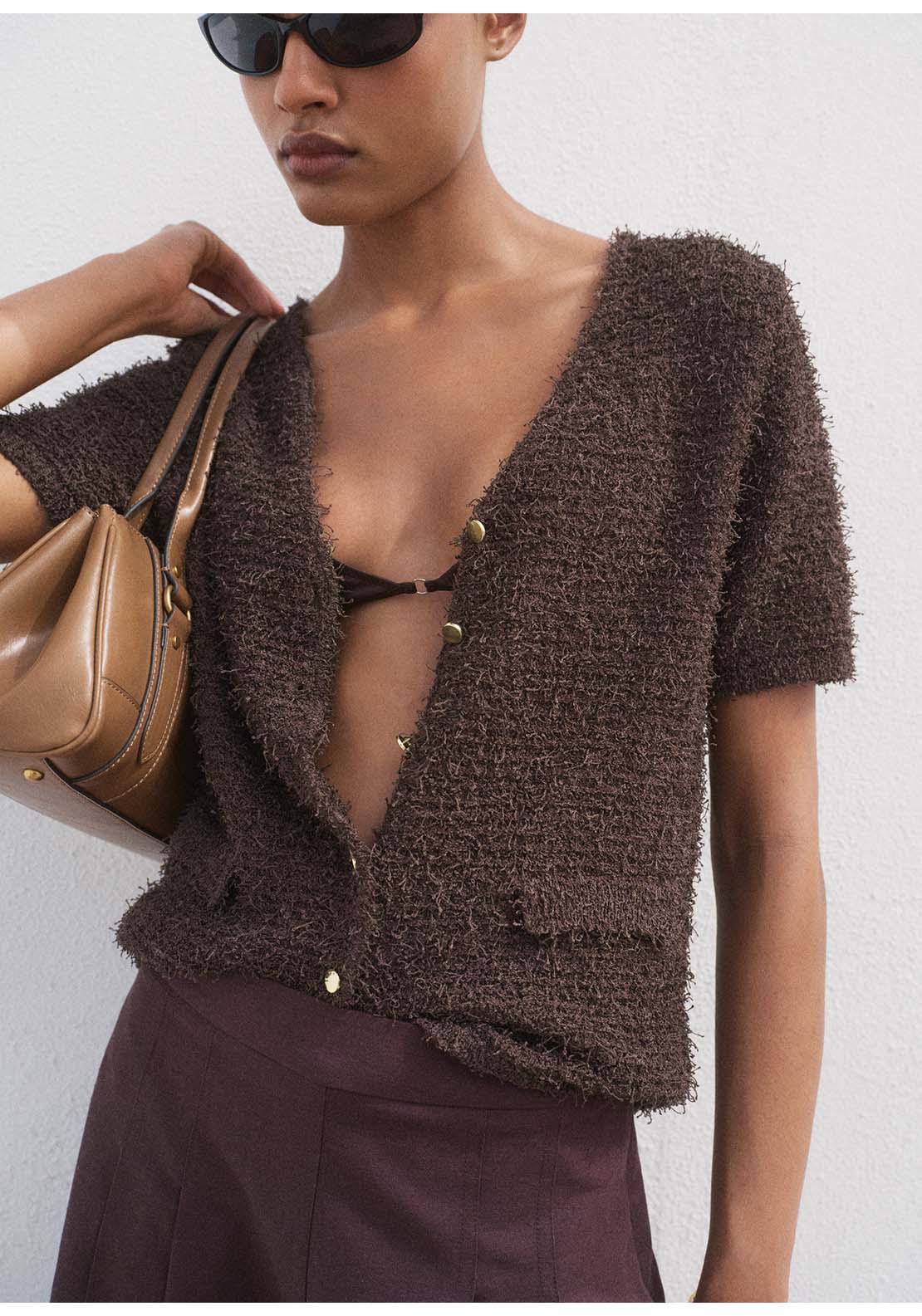 Short Sleeved Bouclé Cardigan - Brown