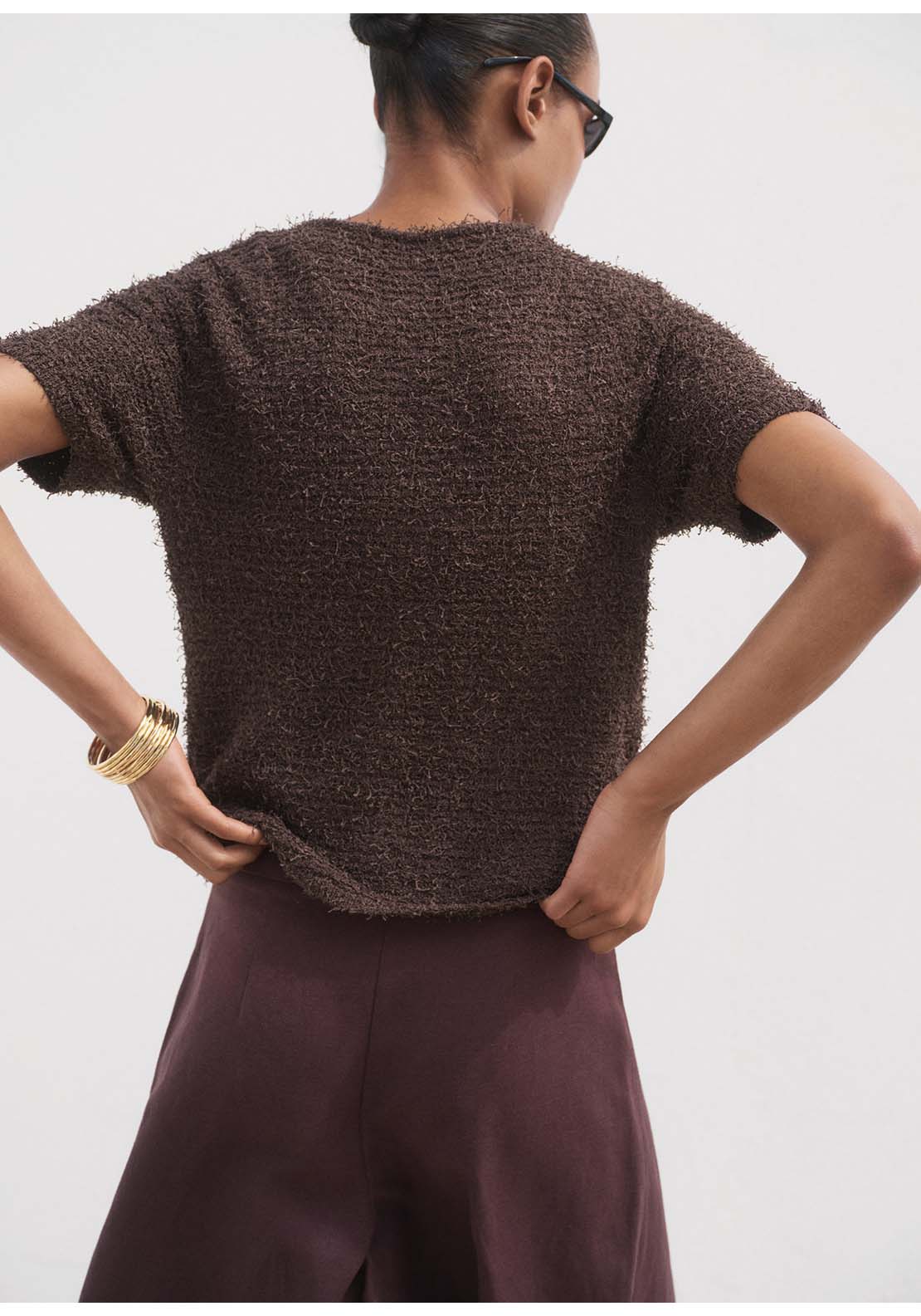 Short Sleeved Bouclé Cardigan - Brown