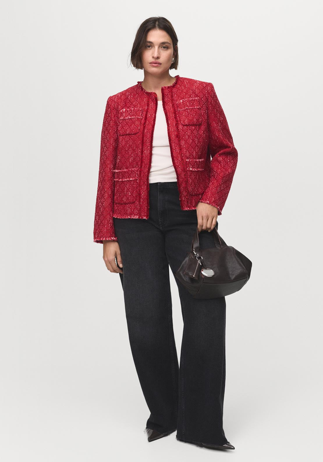 Mango Tweed Jacket With Frayed Ends - Red 3 Shaws Department Stores