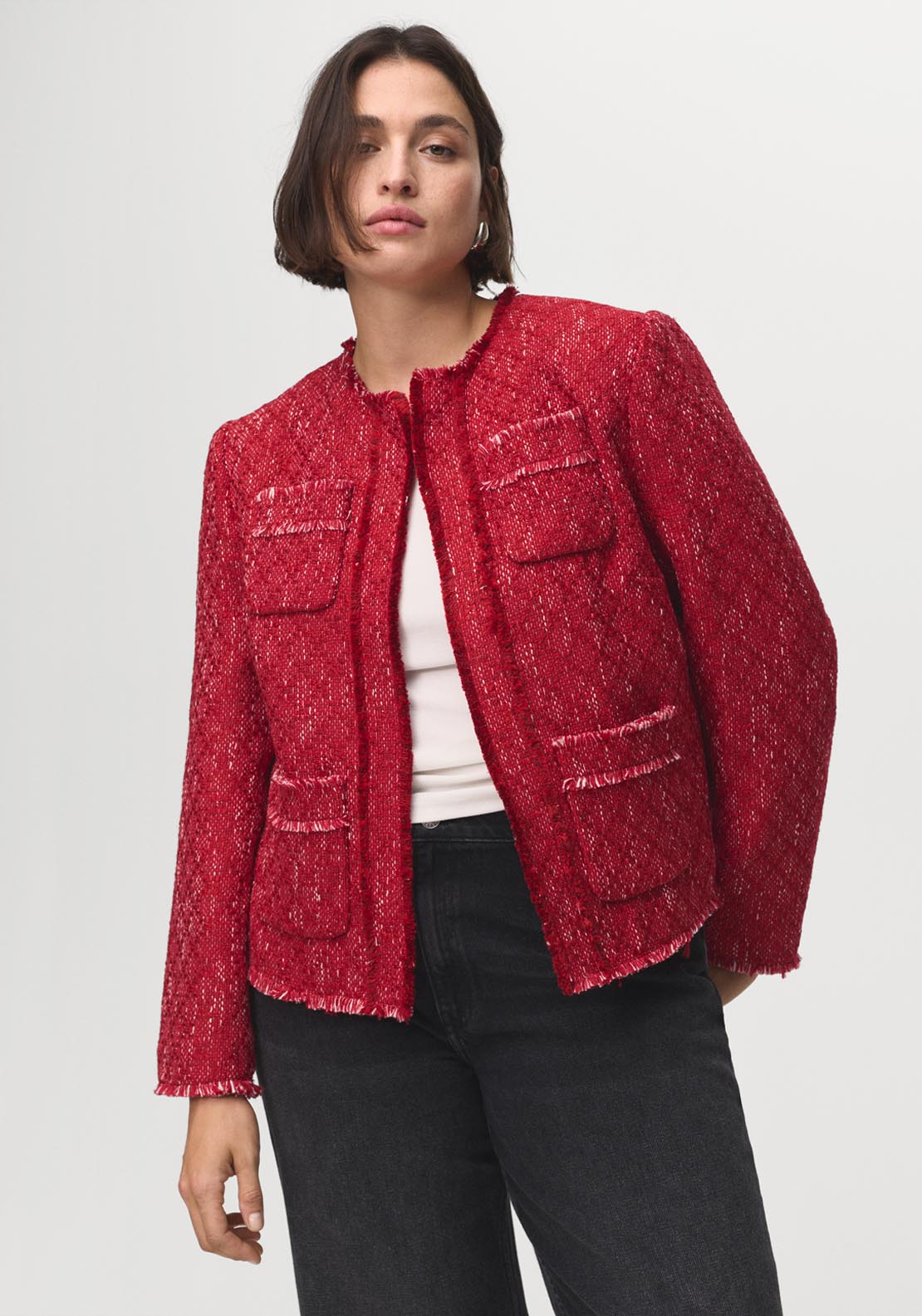 Mango Tweed Jacket With Frayed Ends - Red 1 Shaws Department Stores