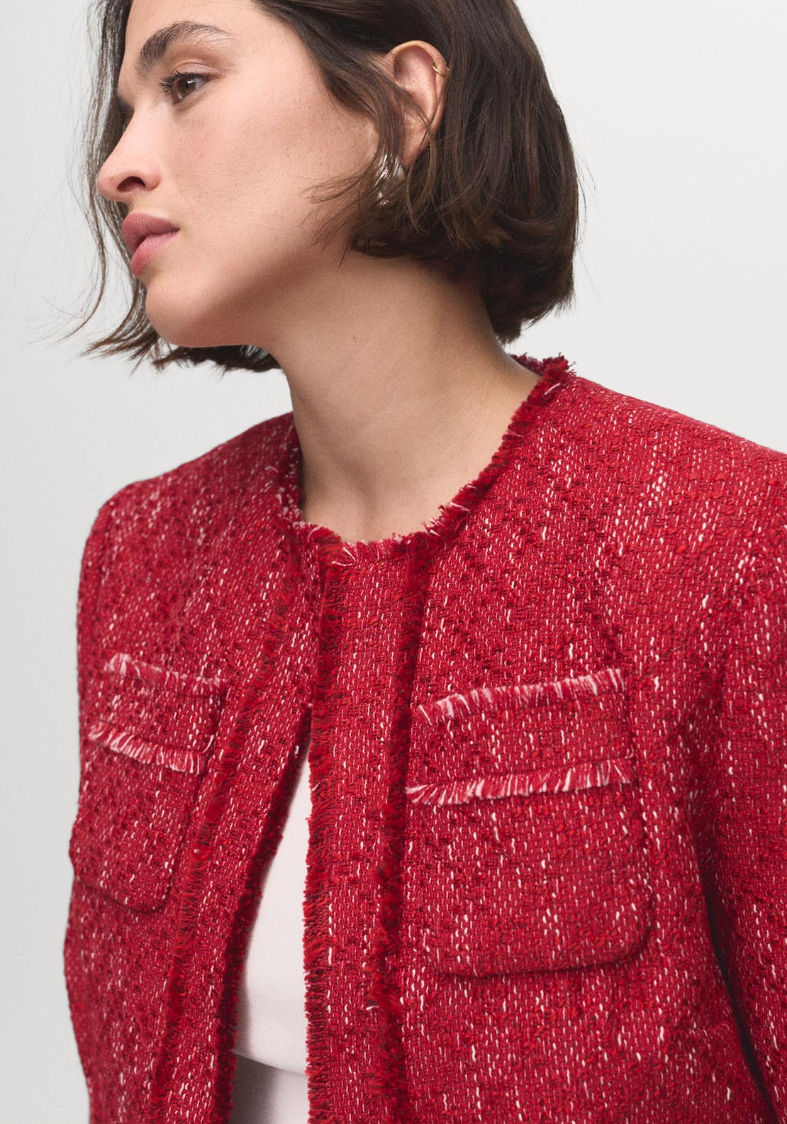 Mango Tweed Jacket With Frayed Ends - Red 2 Shaws Department Stores