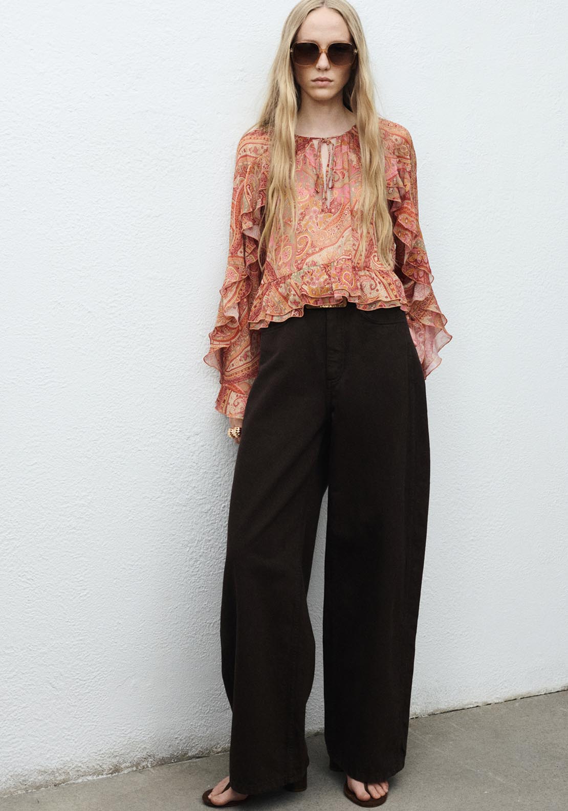 Mango Ruffles Printed Blouse - Brown 3 Shaws Department Stores