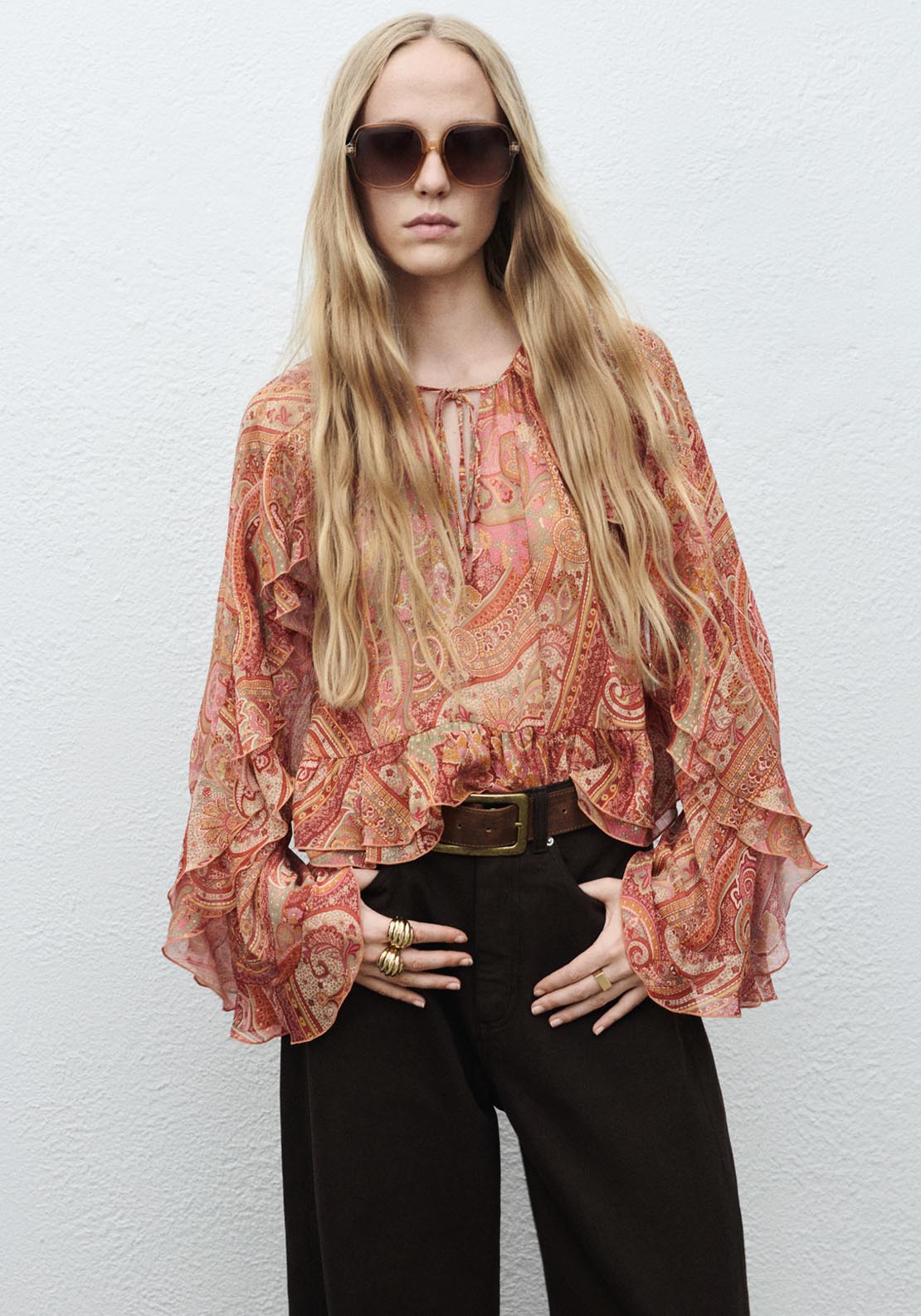 Mango Ruffles Printed Blouse - Brown 1 Shaws Department Stores
