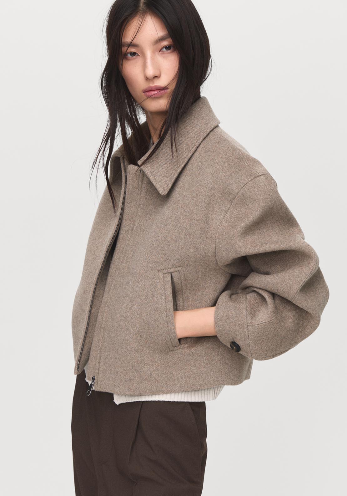 Mango Wool Bomber Jacket - Brown 3 Shaws Department Stores