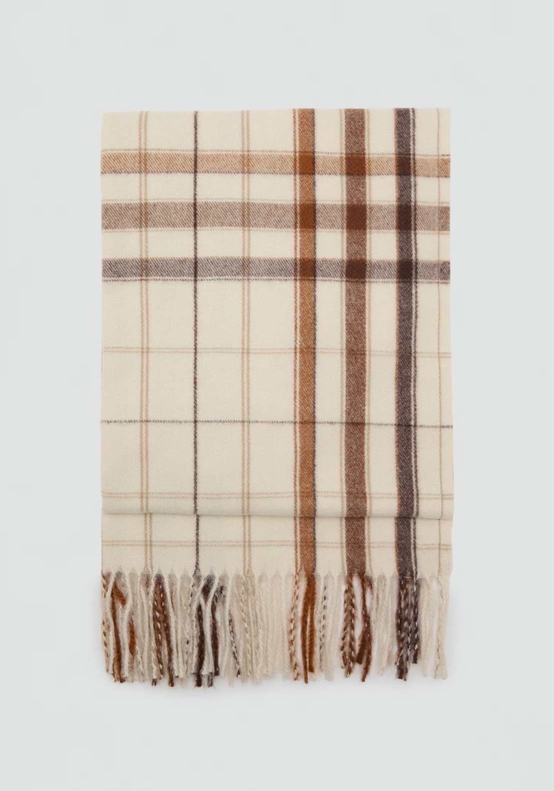 Mango Check Scarf With Fringed Ends - Beige 1 Shaws Department Stores