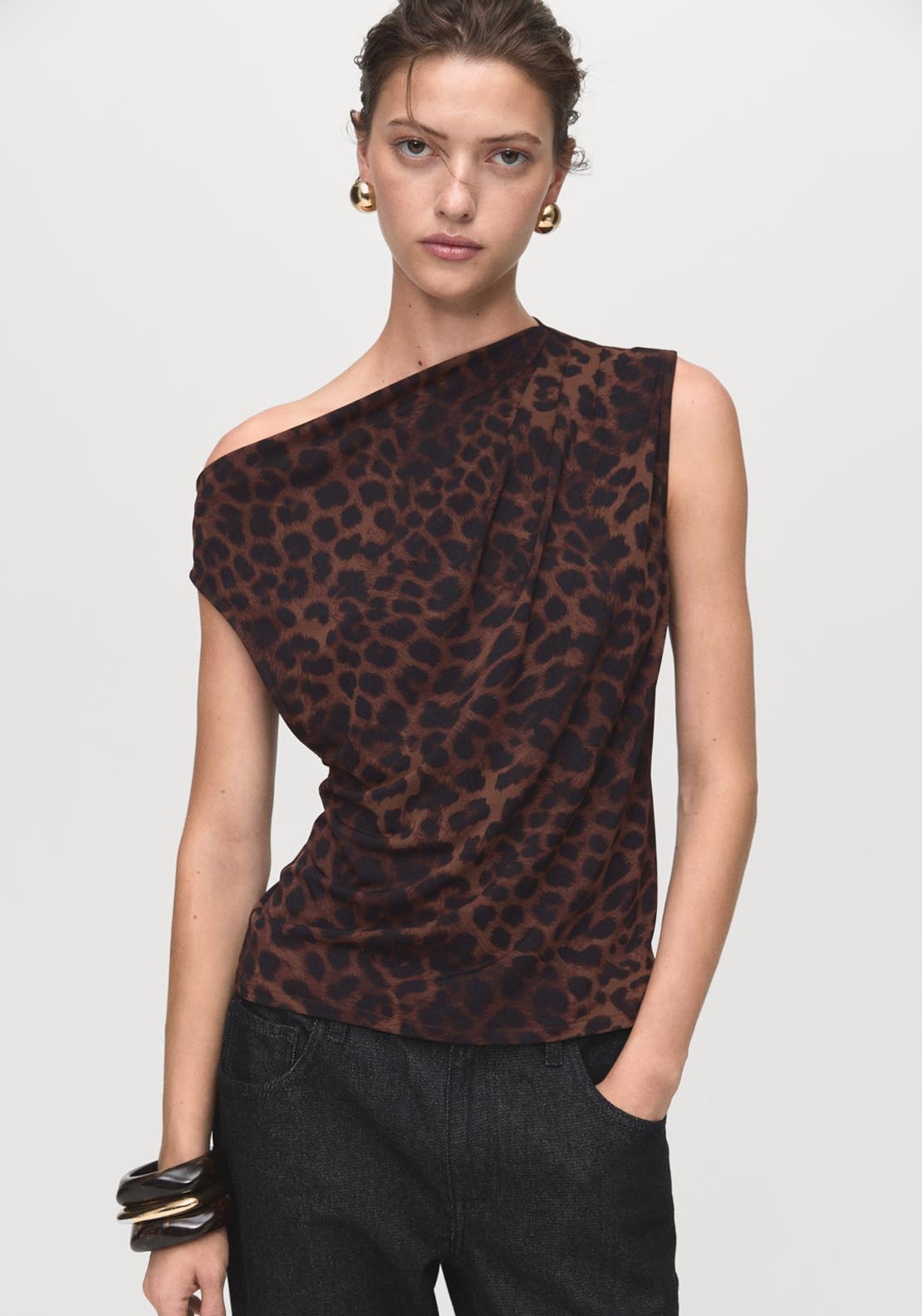 Mango Leopard Print Top With Asymmetrical Collar - Brown 1 Shaws Department Stores
