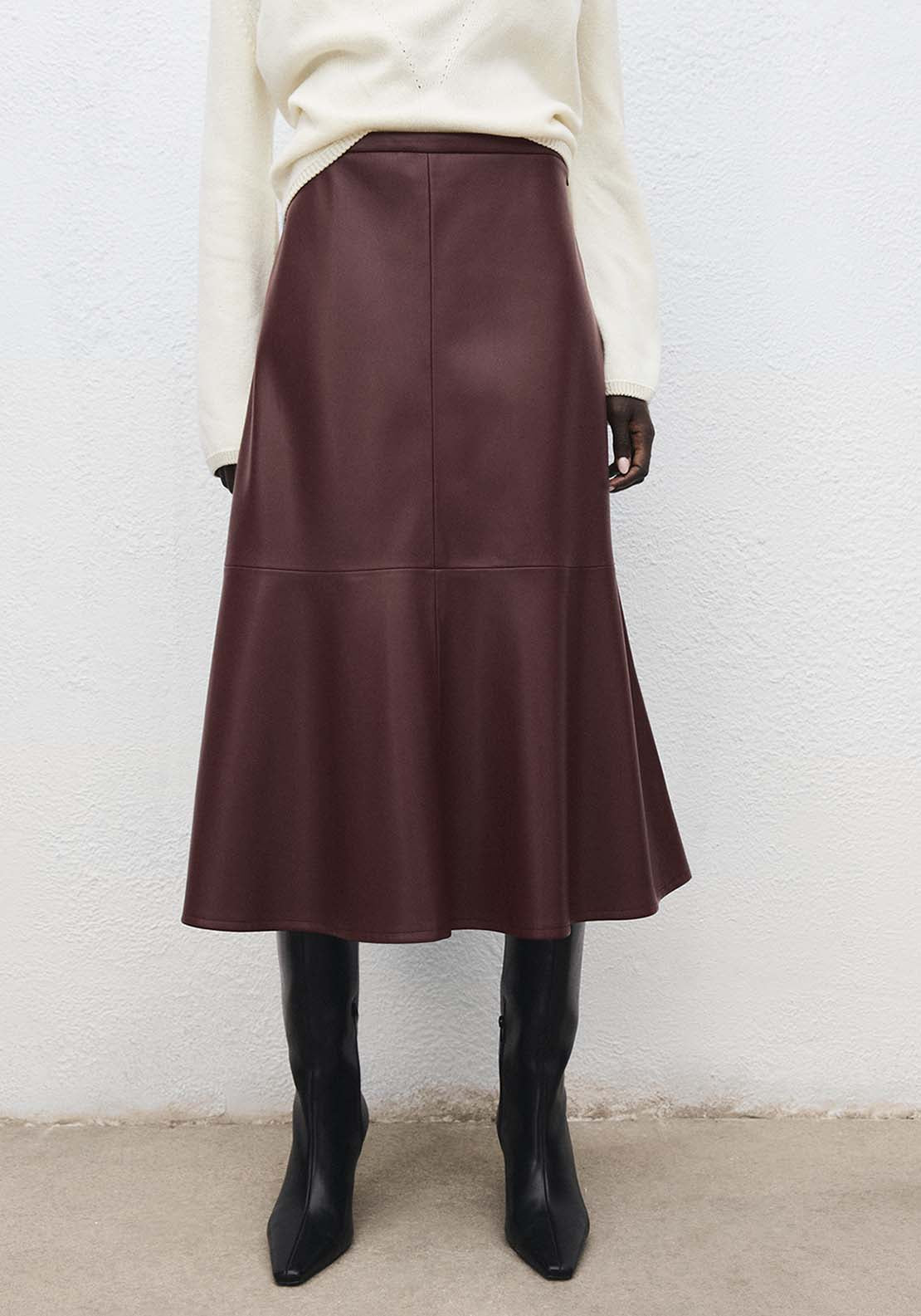Faux Leather Midi Skirt - Burgundy