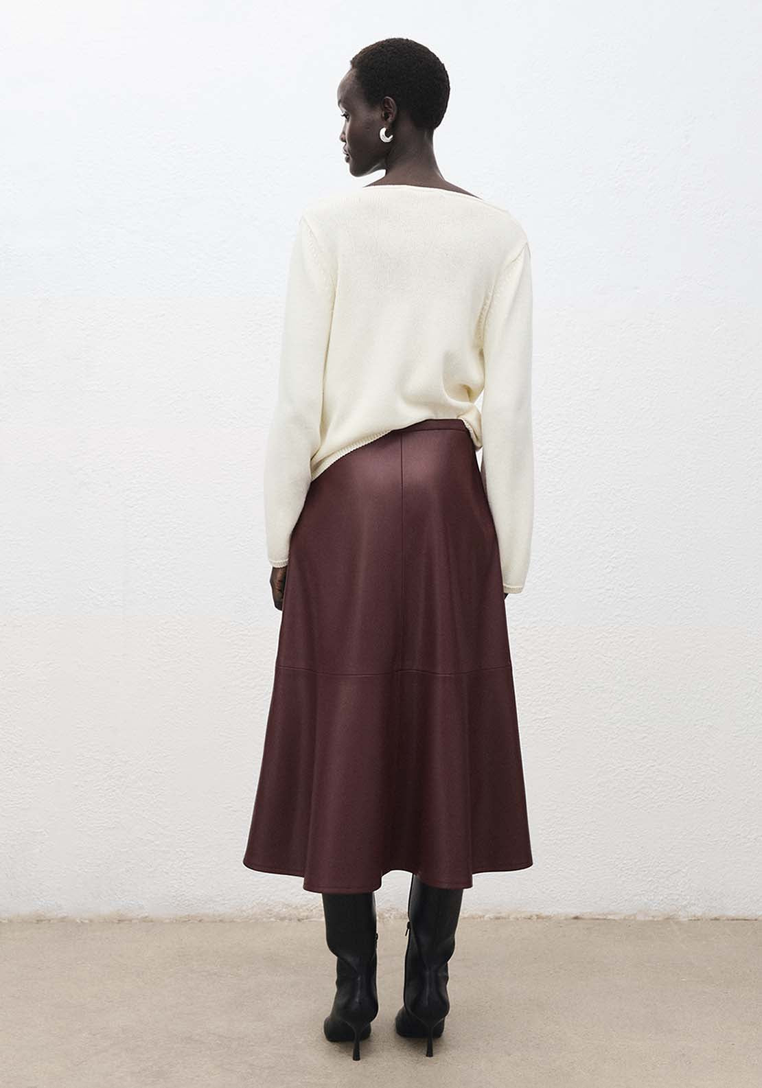 Faux Leather Midi Skirt - Burgundy