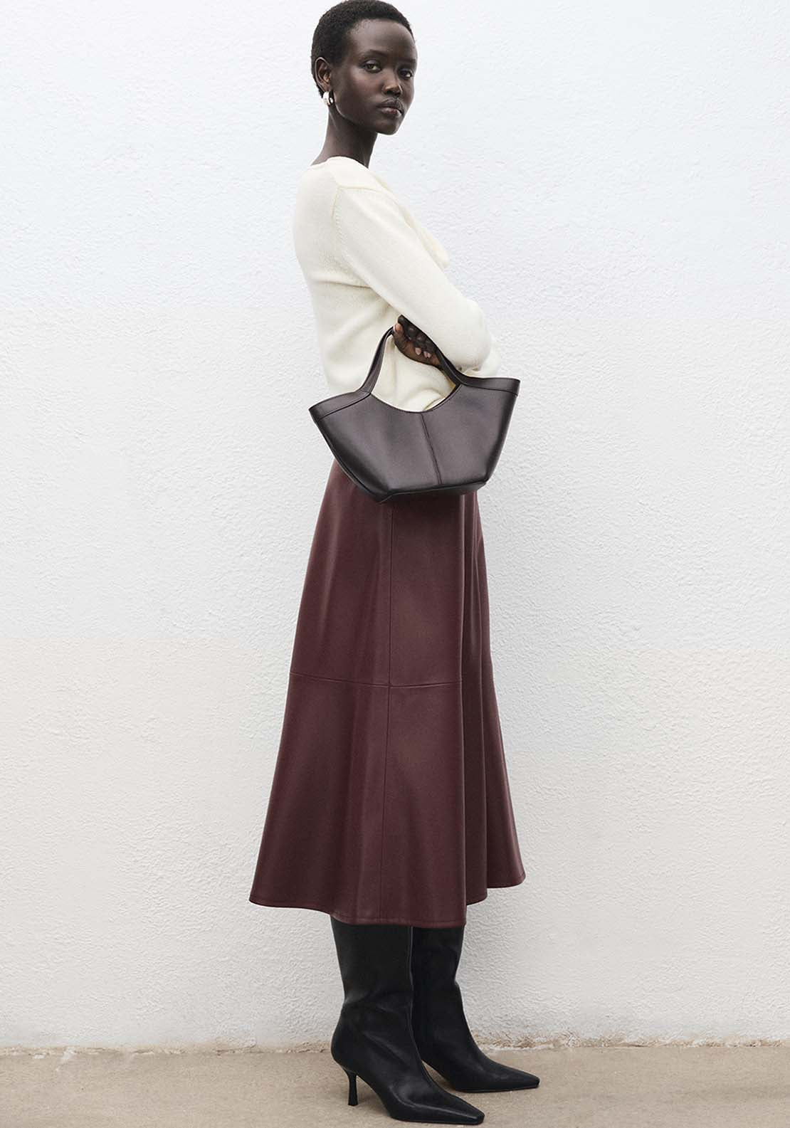 Faux Leather Midi Skirt - Burgundy