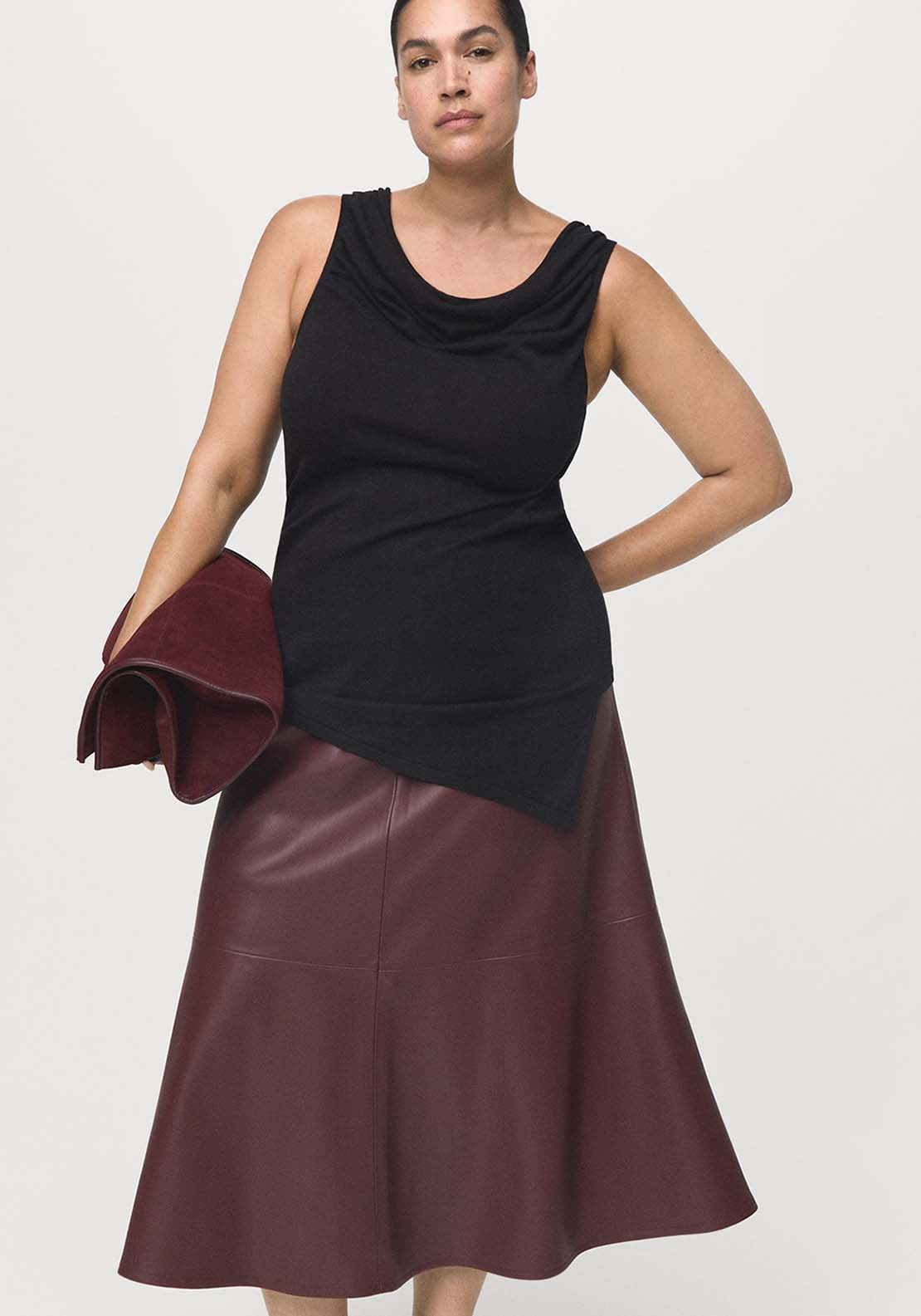 Faux Leather Midi Skirt - Burgundy