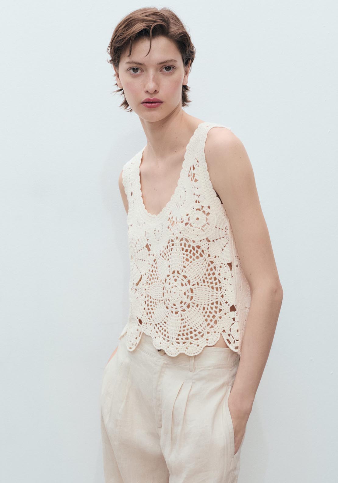 Mango Crochet Top With Flowers - Light Beige 1 Shaws Department Stores