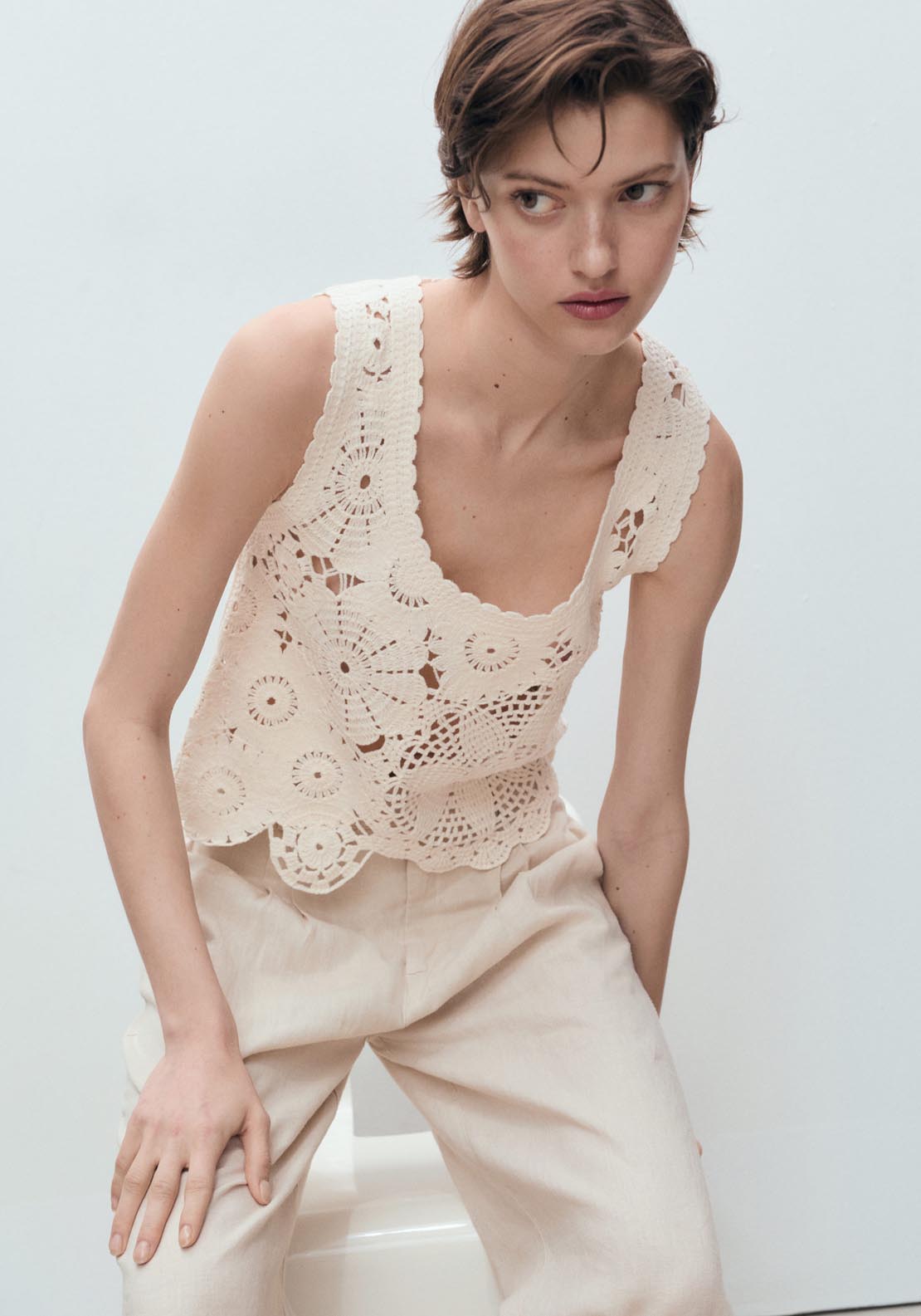 Mango Crochet Top With Flowers - Light Beige 3 Shaws Department Stores