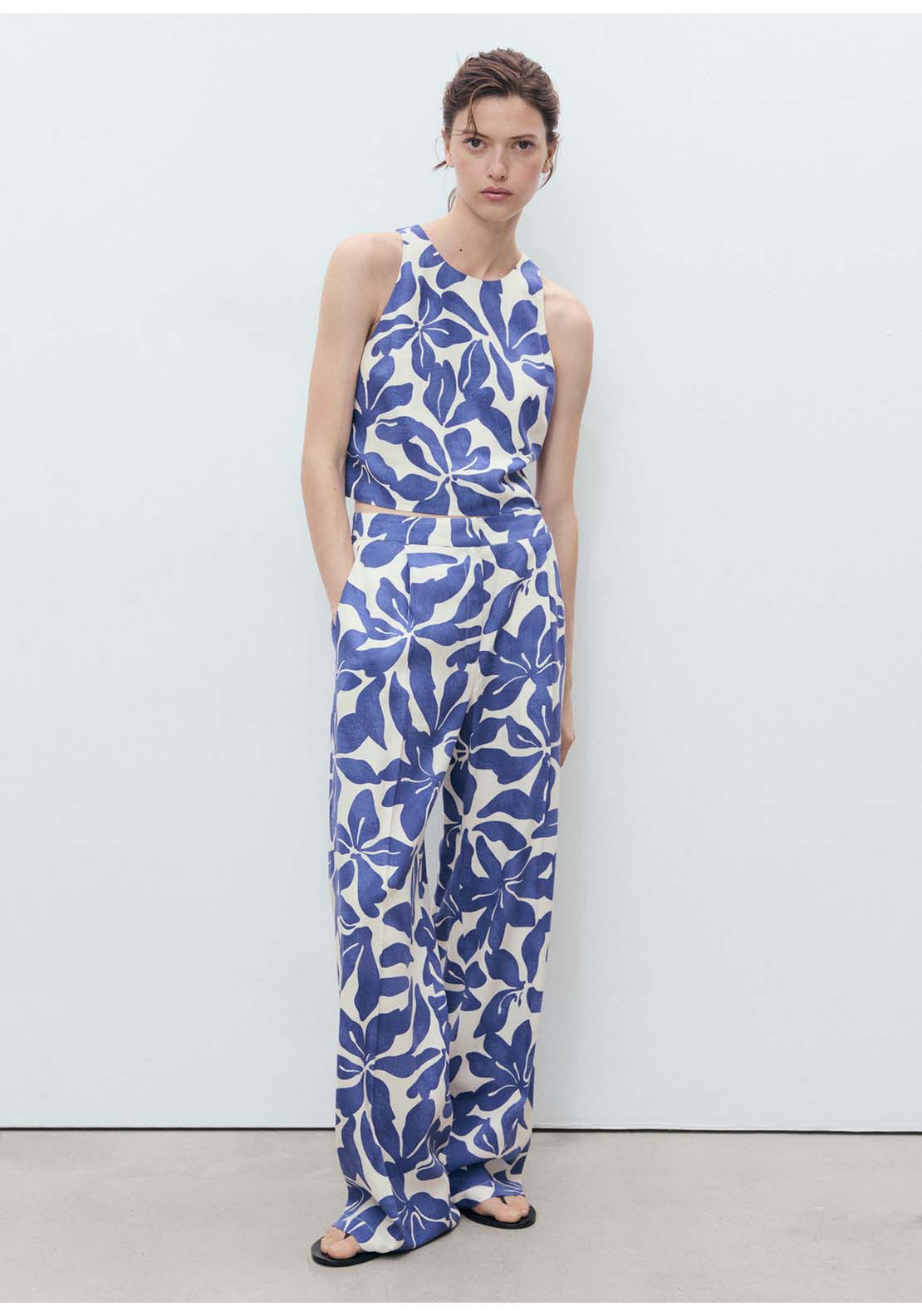 Printed Linen Blend Top - Blue