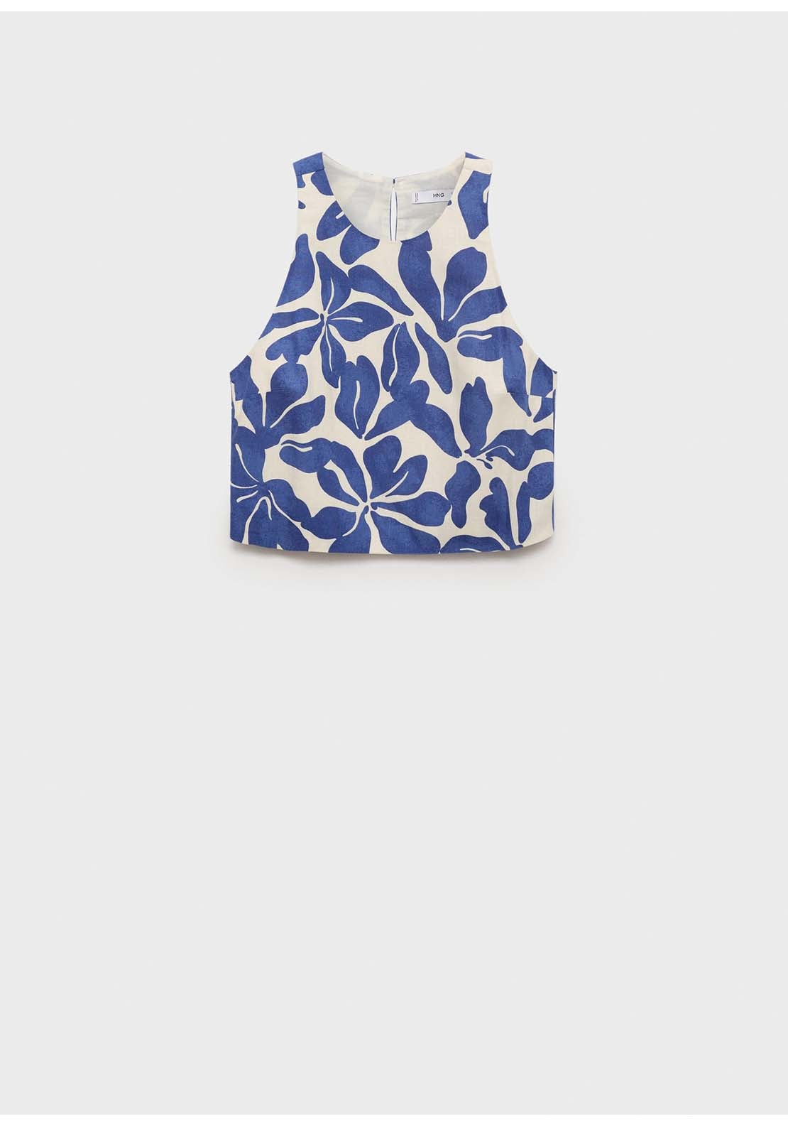 Printed Linen Blend Top - Blue