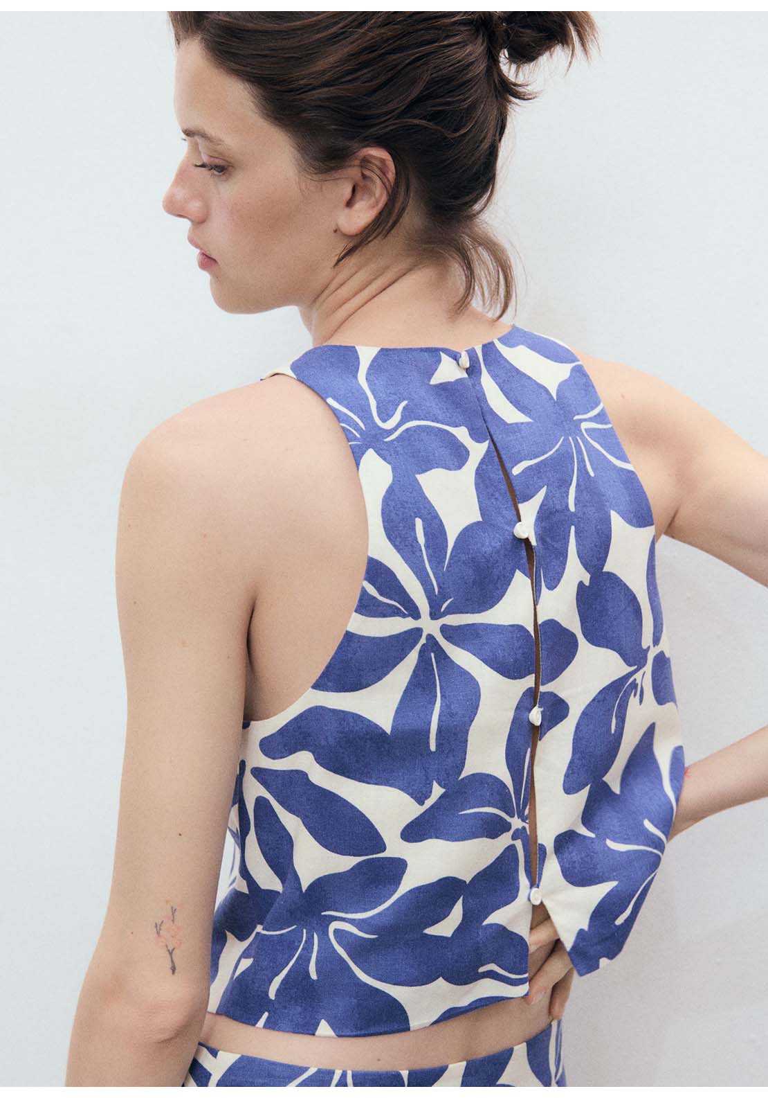Printed Linen Blend Top - Blue