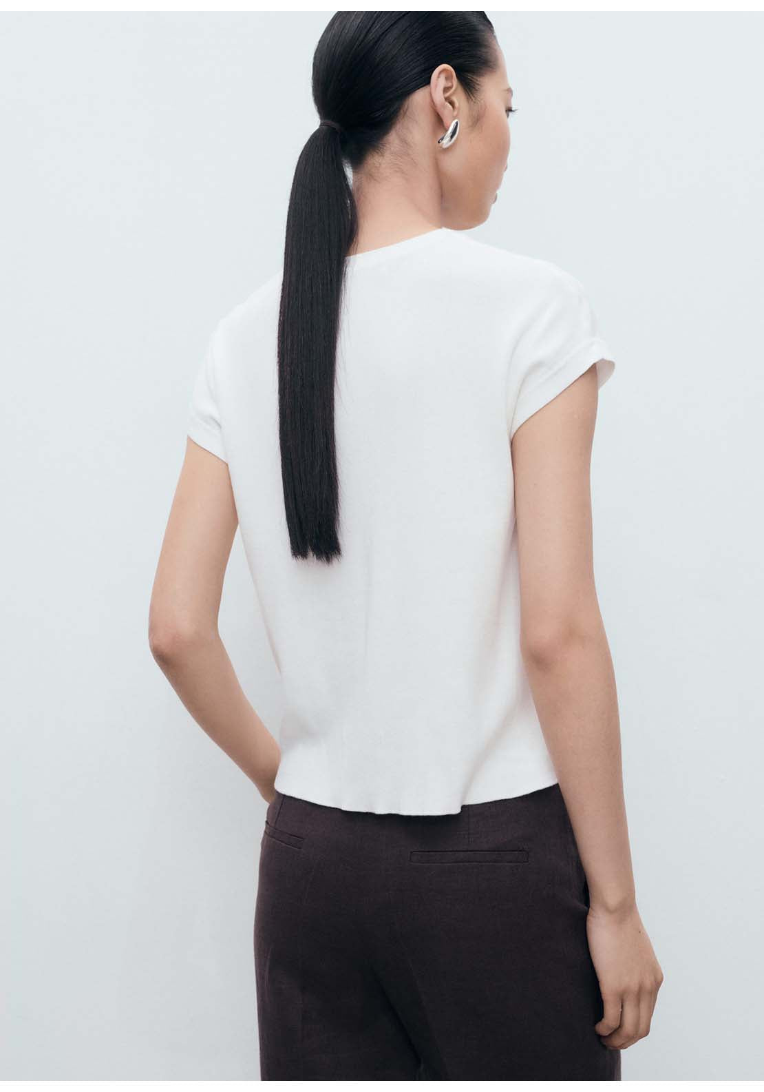 Short-Sleeved Knitted Cotton Sweater - White