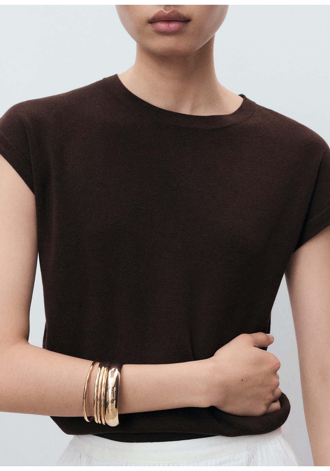 Short-Sleeved Knitted Cotton Sweater - Brown