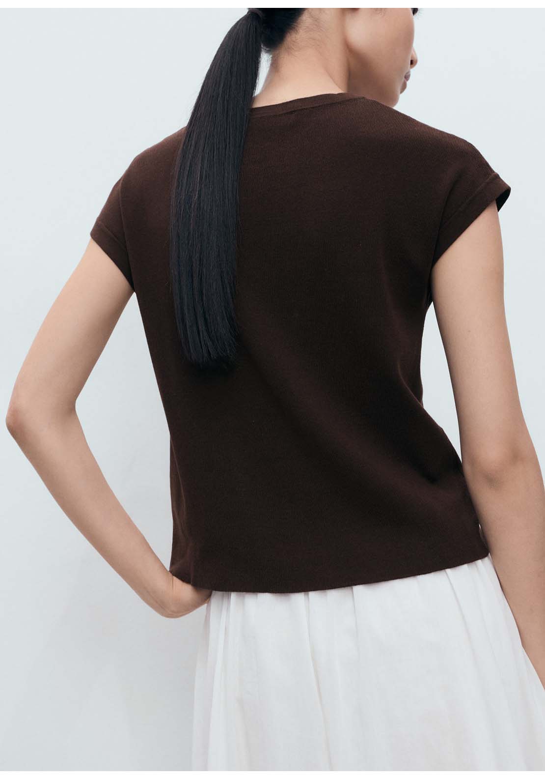 Short-Sleeved Knitted Cotton Sweater - Brown