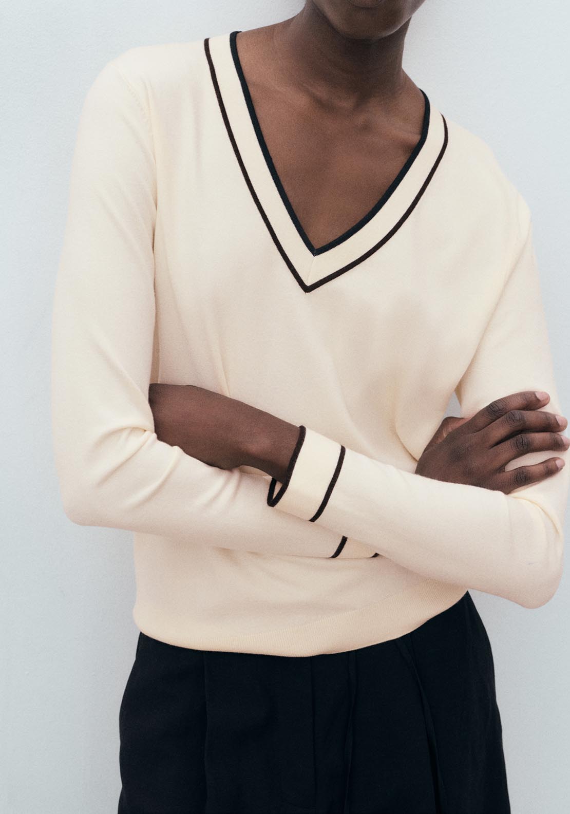Mango Contrasting V Neck Sweater - Black 3 Shaws Department Stores