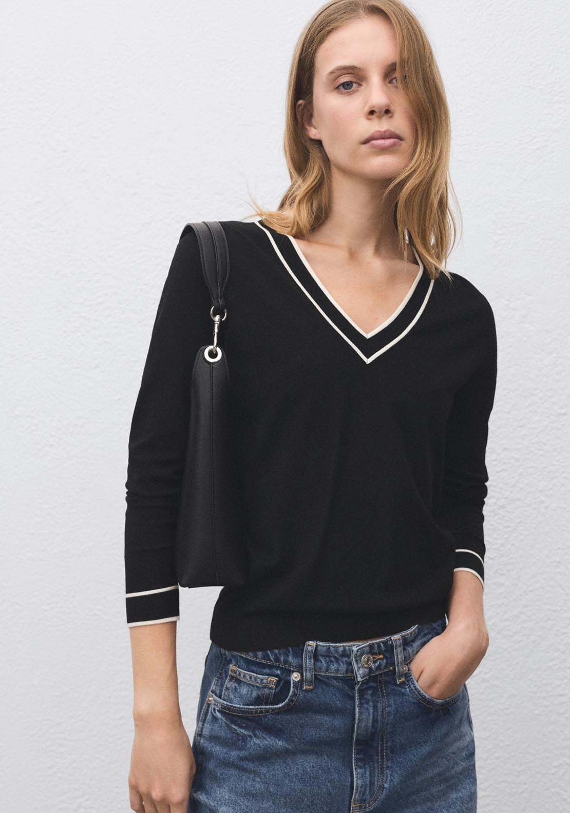 Mango Contrasting V Neck Sweater - Beige 1 Shaws Department Stores