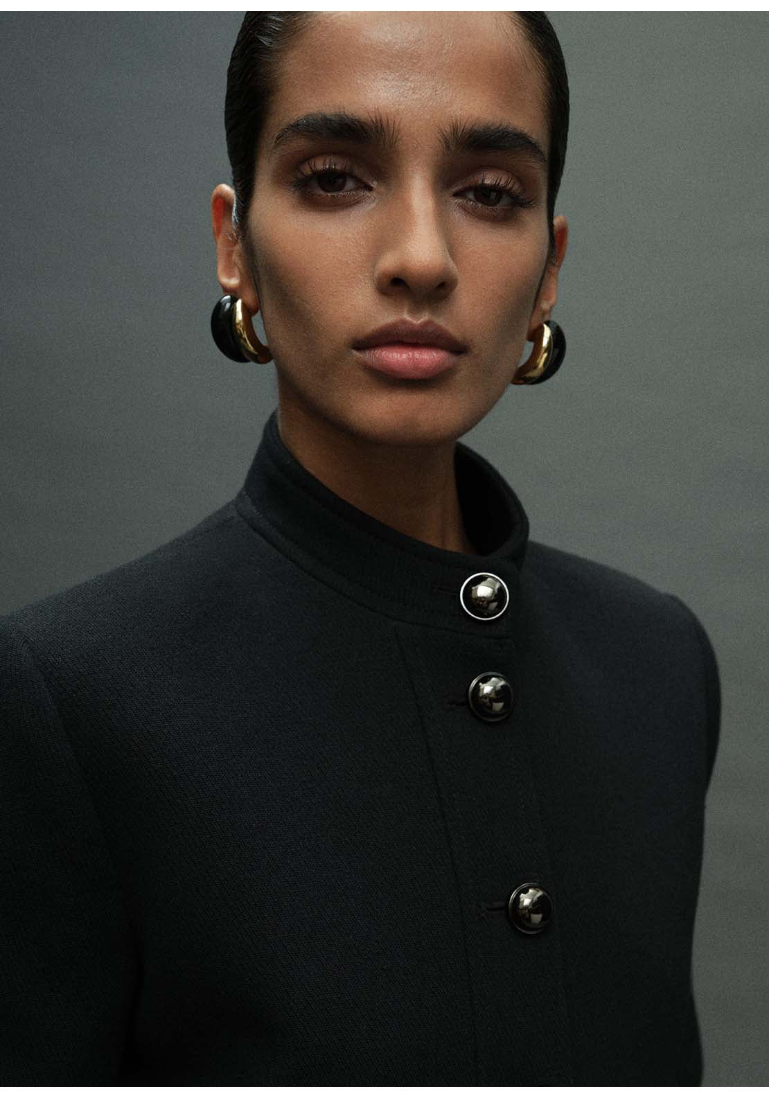 Jacket With Jewel Button Strip Collar - Black