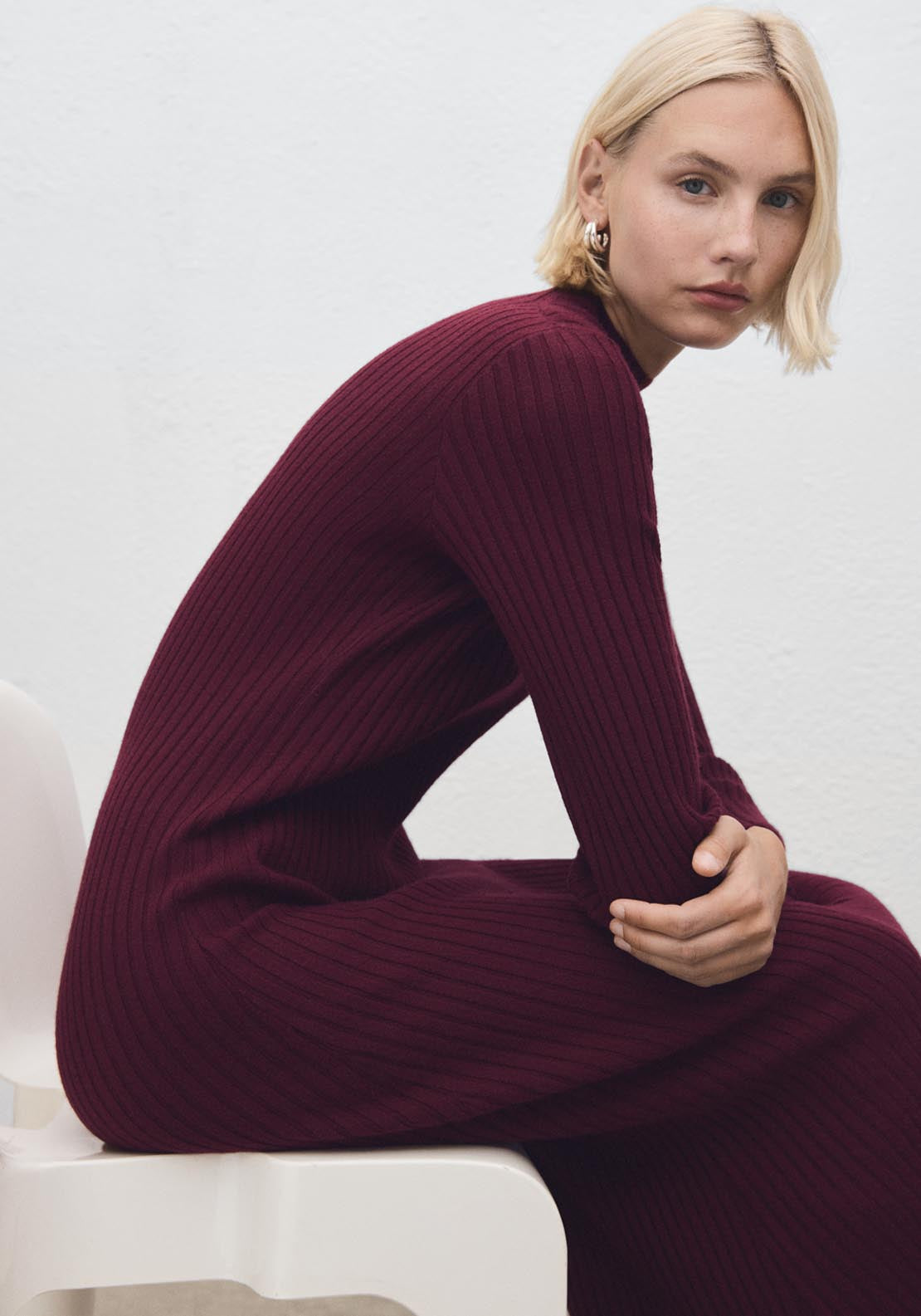 Perkins Neck Ribbed Dress - Burgundy