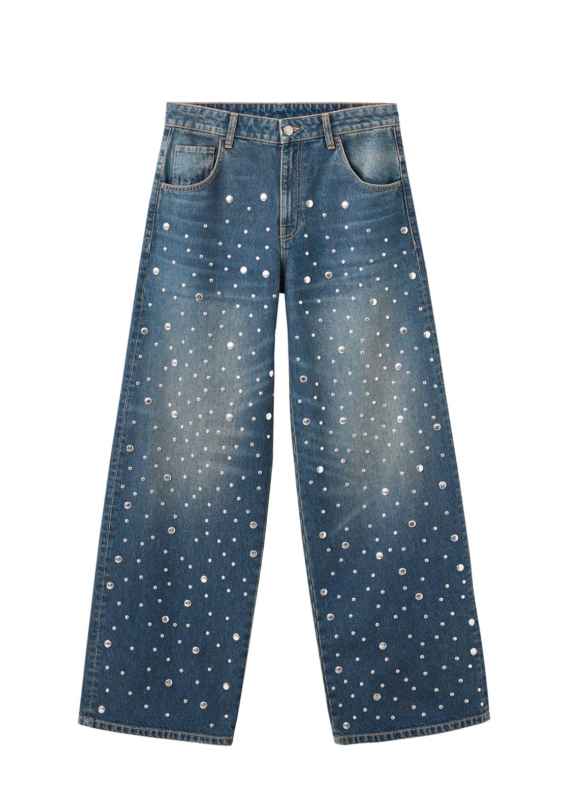 Straight Fit Jeans With Studs - Blue