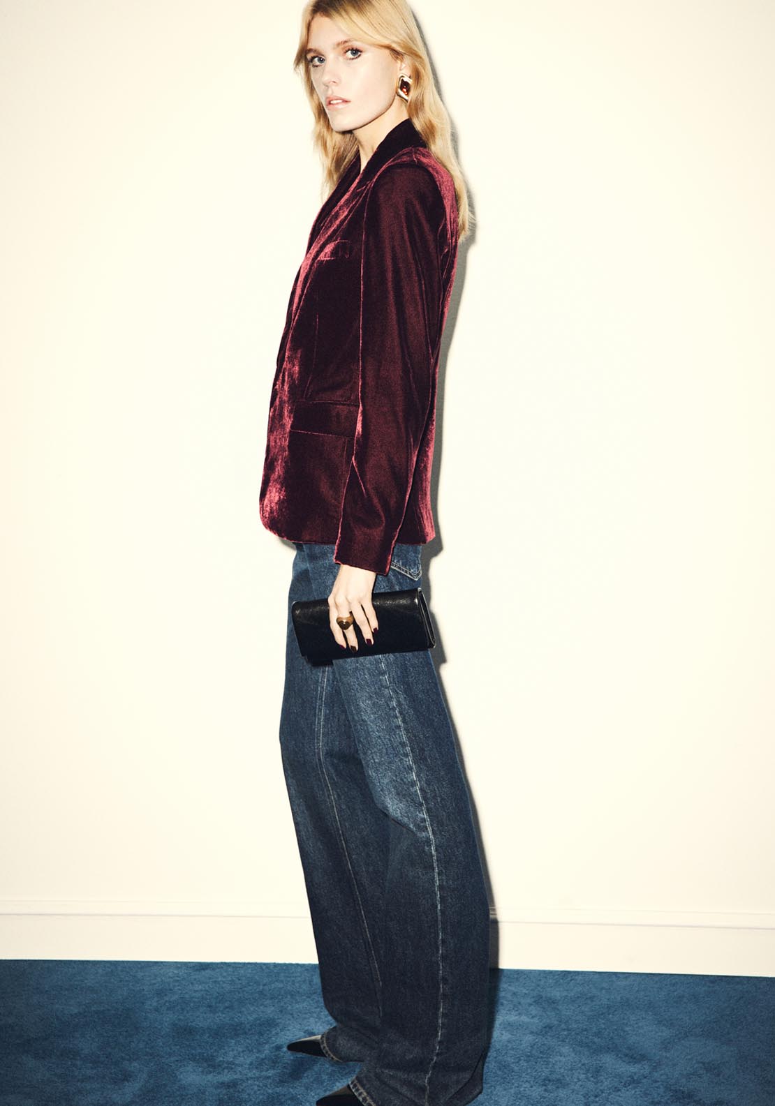 Mango Structured Velvet Blazer - Burgundy 2 Shaws Department Stores