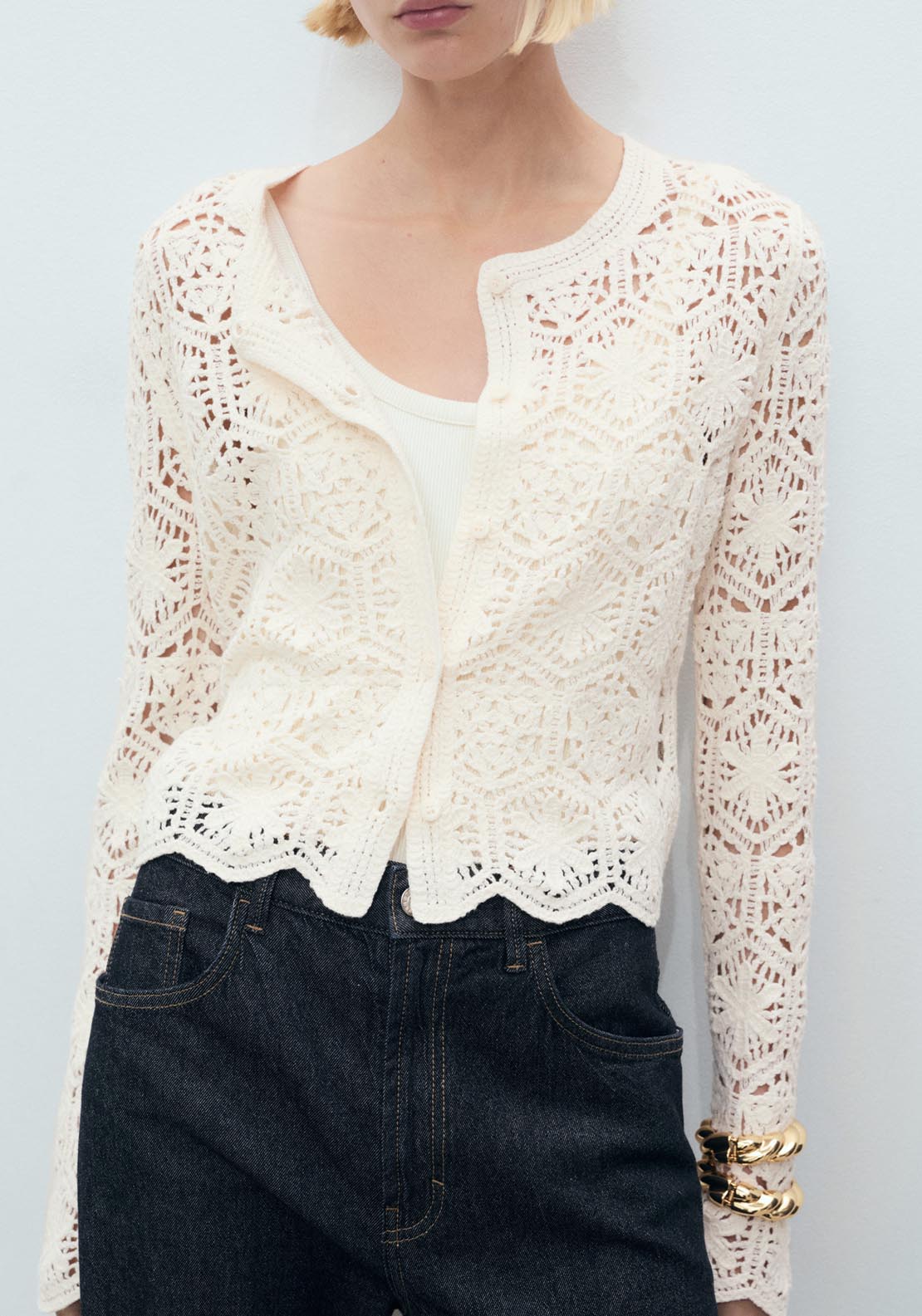 Mango Crochet Knitted Cardigan - Light Beige 1 Shaws Department Stores