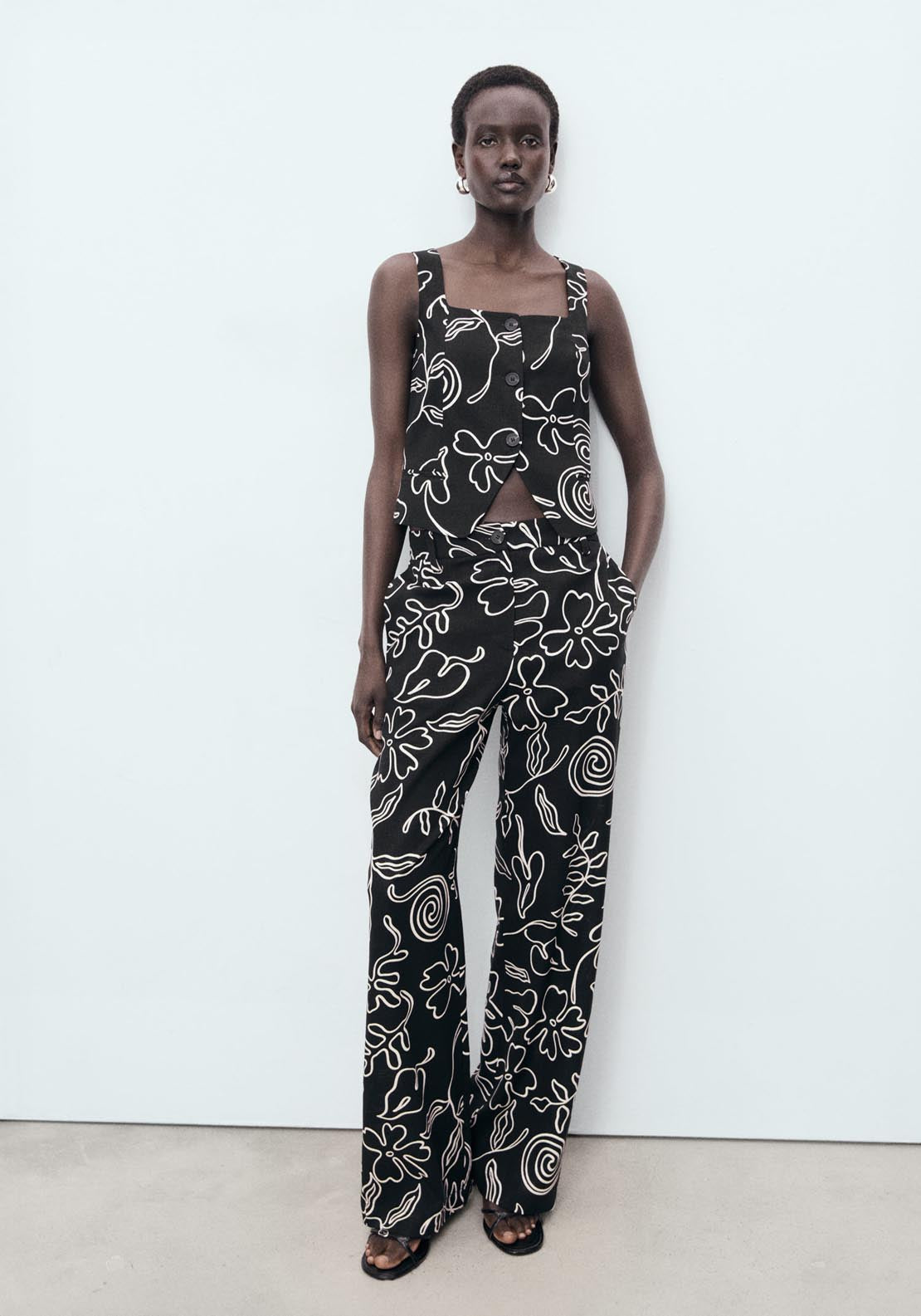Mango Floral Print Linen Suit Vest - Black 4 Shaws Department Stores