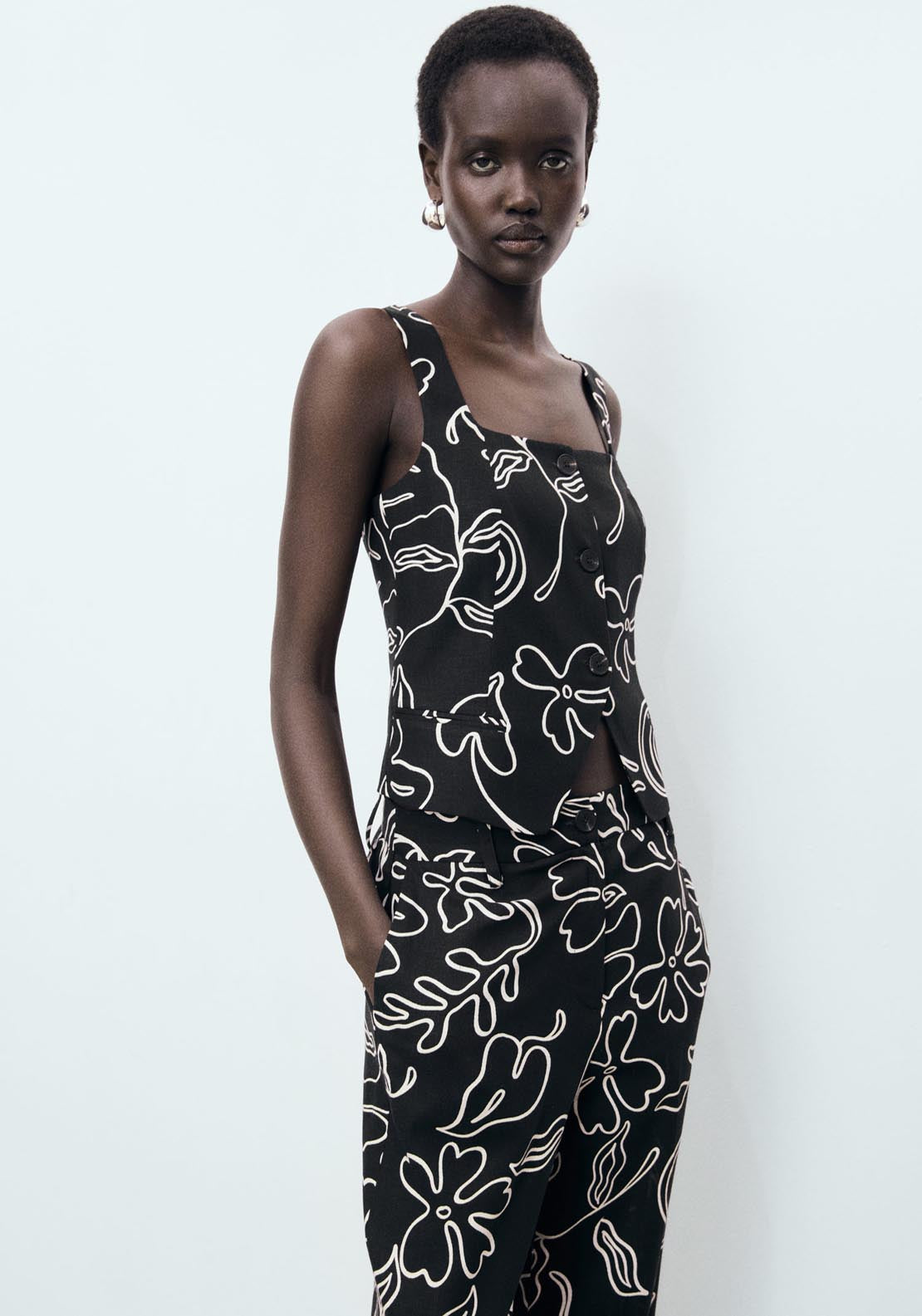 Mango Floral Print Linen Suit Vest - Black 1 Shaws Department Stores