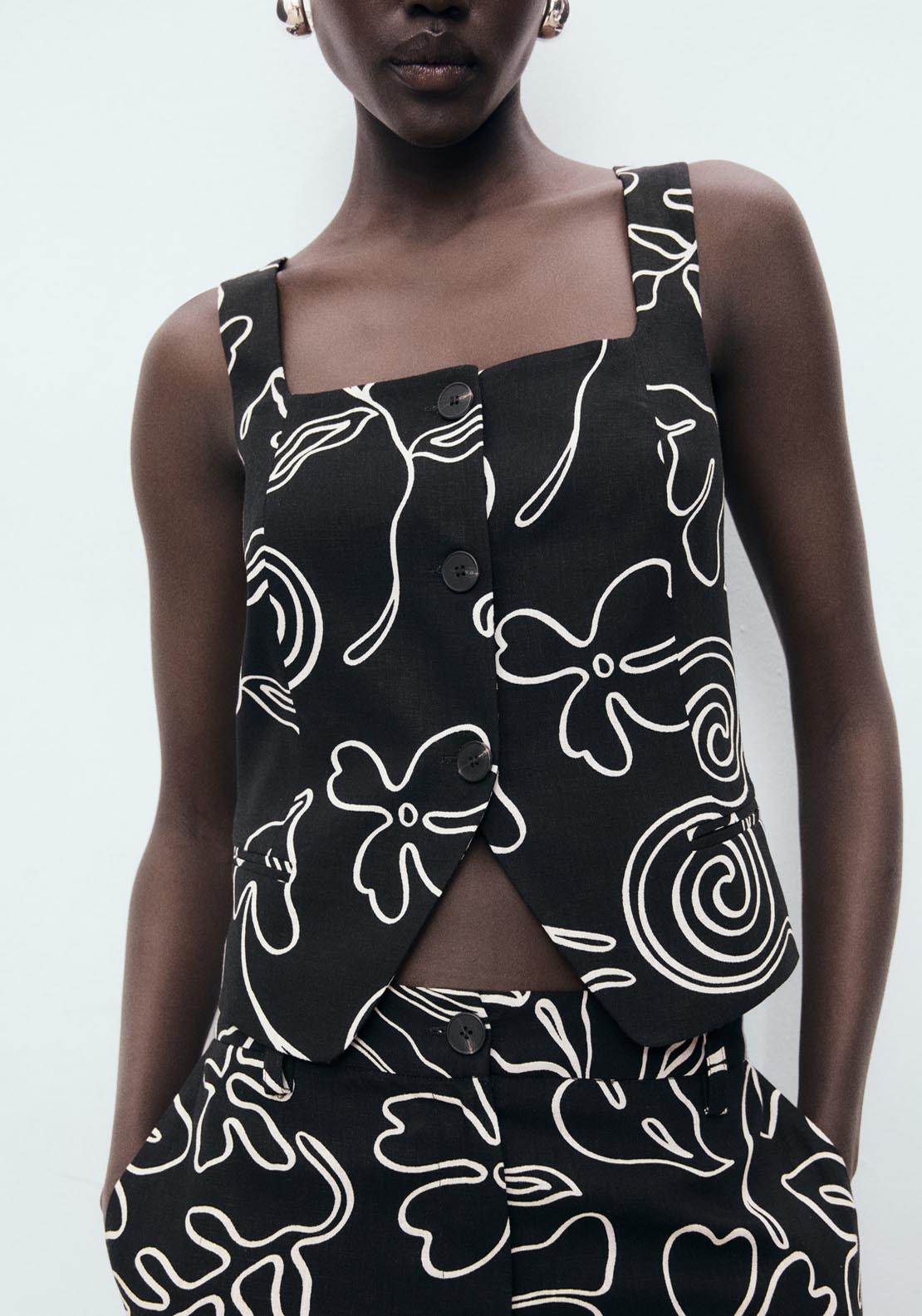 Mango Floral Print Linen Suit Vest - Black 6 Shaws Department Stores
