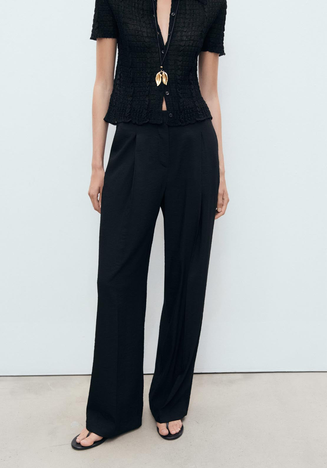 Mango Wide Leg Pleated Trousers - Black 1 Shaws Department Stores