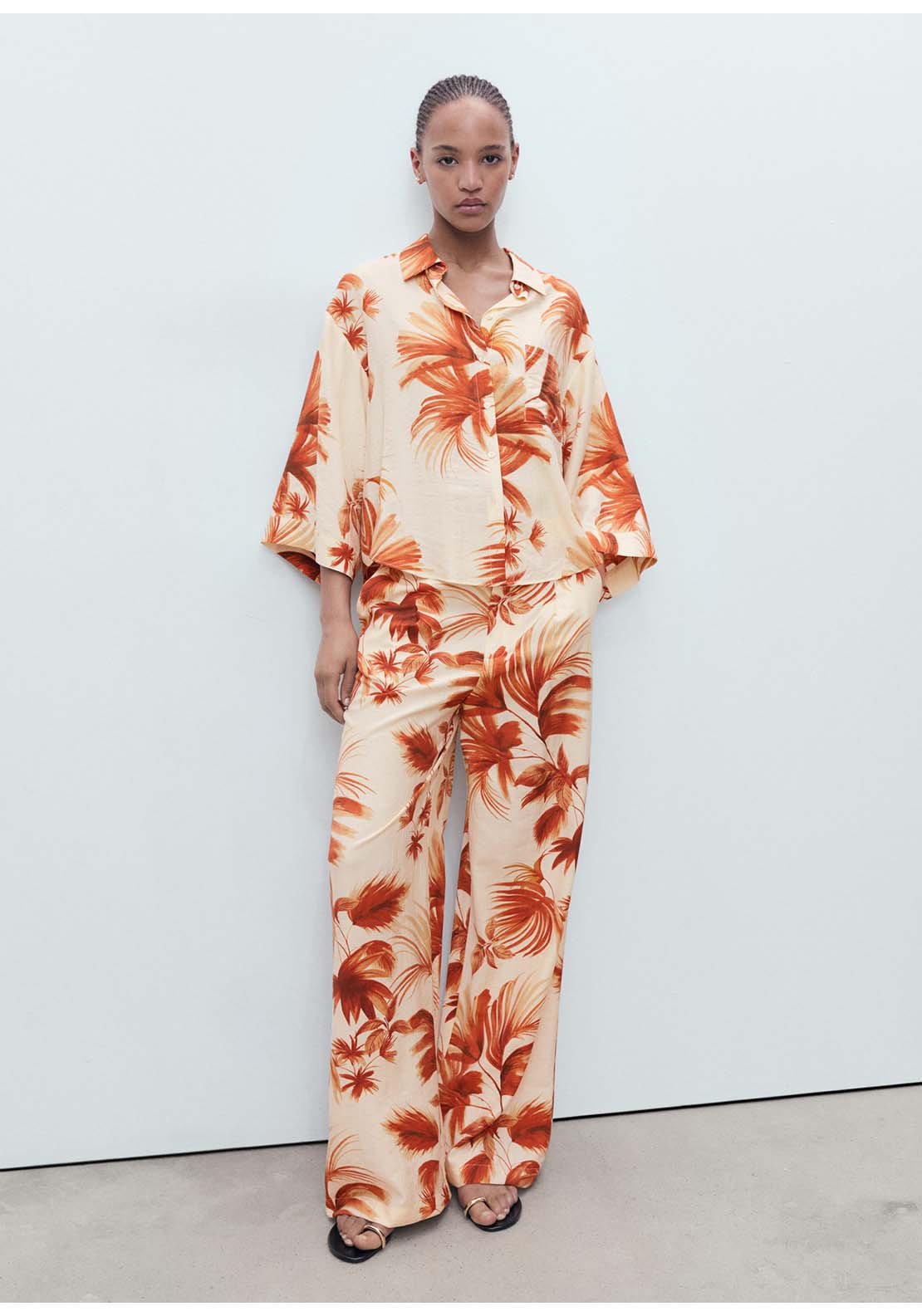 Palm Tree Shirt With Three Quarter Sleeves - Cream